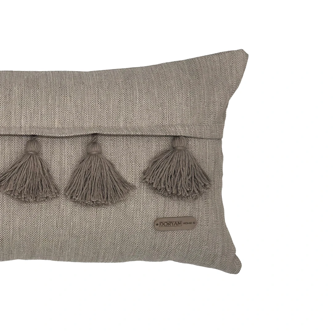 Bohem Hustler - Soğuk Vizon Keten Dokulu Püskül Detaylı Dikdörtgen Kırlent Kılıfı 60x35cm