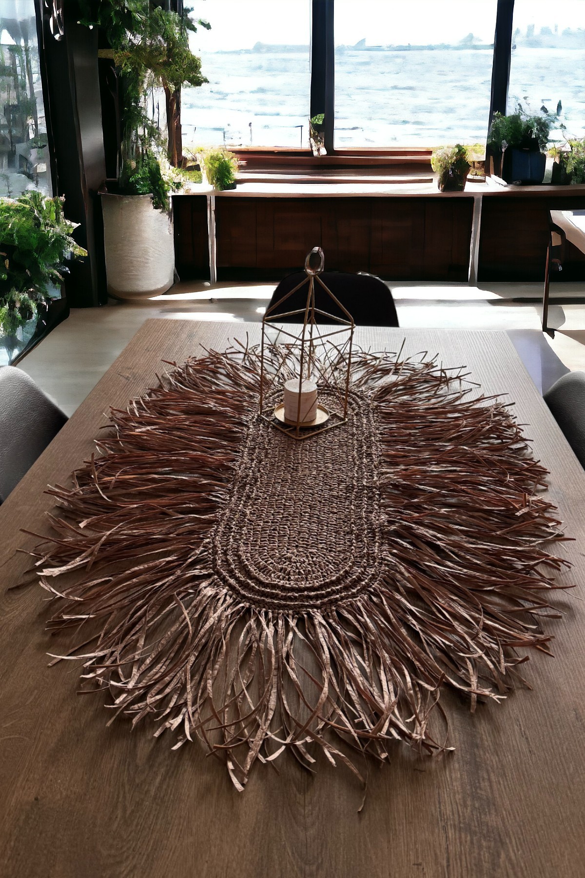 Iskandinav Kağıt Rafya Ip Örgü Tarçın Püsküllü Saçaklı Oval Dekoratif Runner 118x80cm