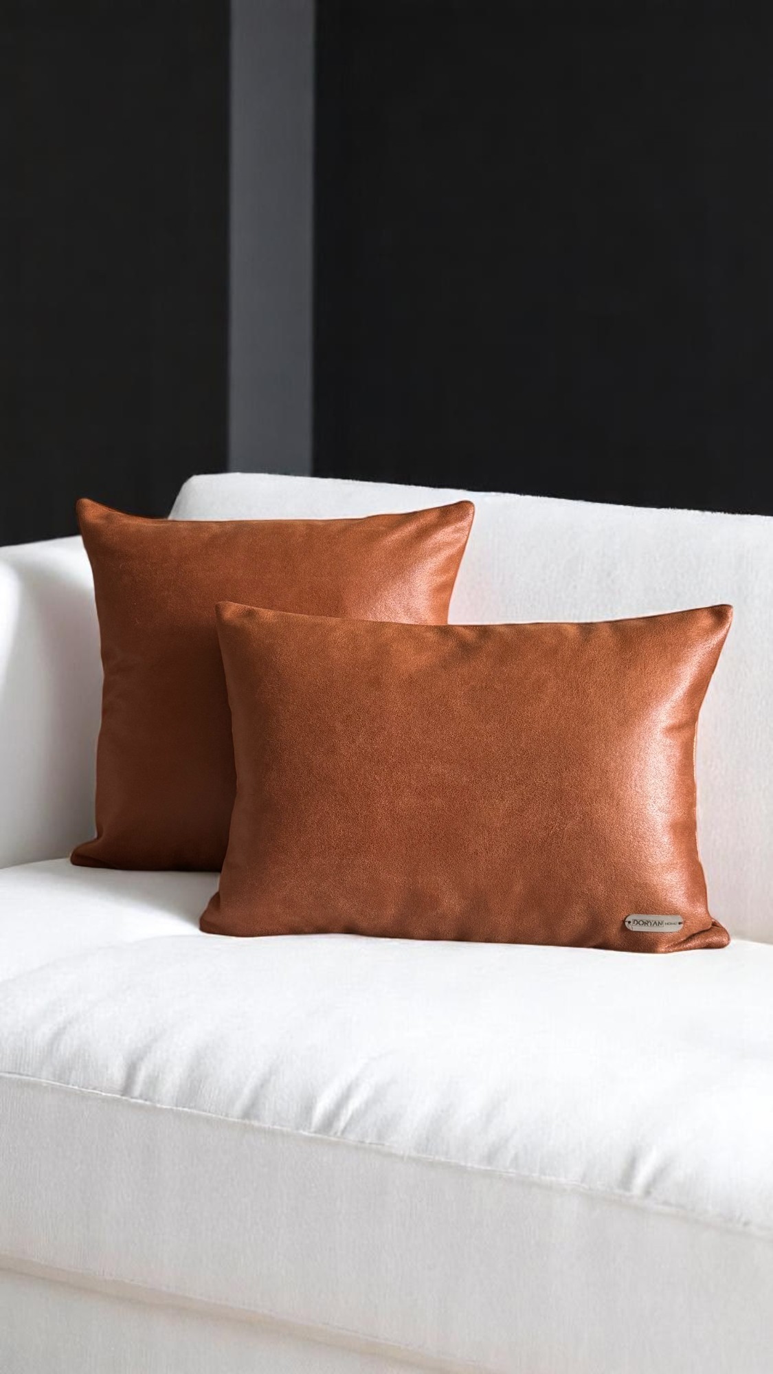 Solid Kiremit Basic Suni Nubuk Deri 2'li Set Dekoratif Kırlent Kılıfı - Kiremit Renk 45x45 - 50x35