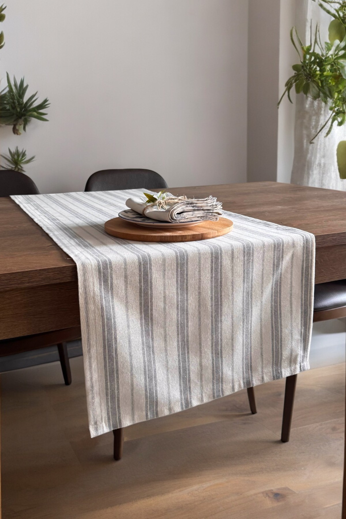 Gri Çizgili Bej Ham Keten Pamuk Dekoratif Runner Masa Örtüsü 130x45cm