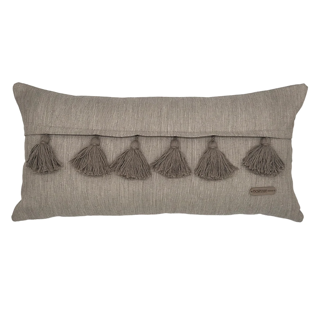 Bohem Hustler - Soğuk Vizon Keten Dokulu Püskül Detaylı Dikdörtgen Kırlent Kılıfı 60x35cm image