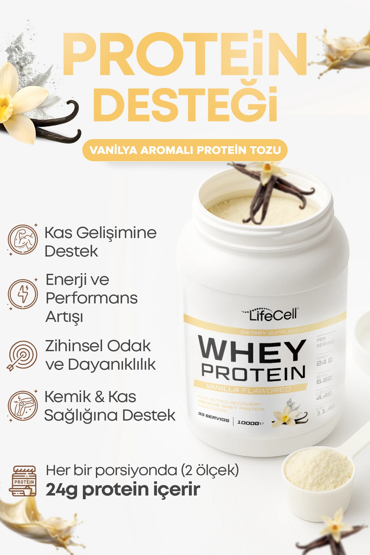 WHEY PROTEİN TOZU | VANİLYA AROMALI | 33 SERVİS - 1000g