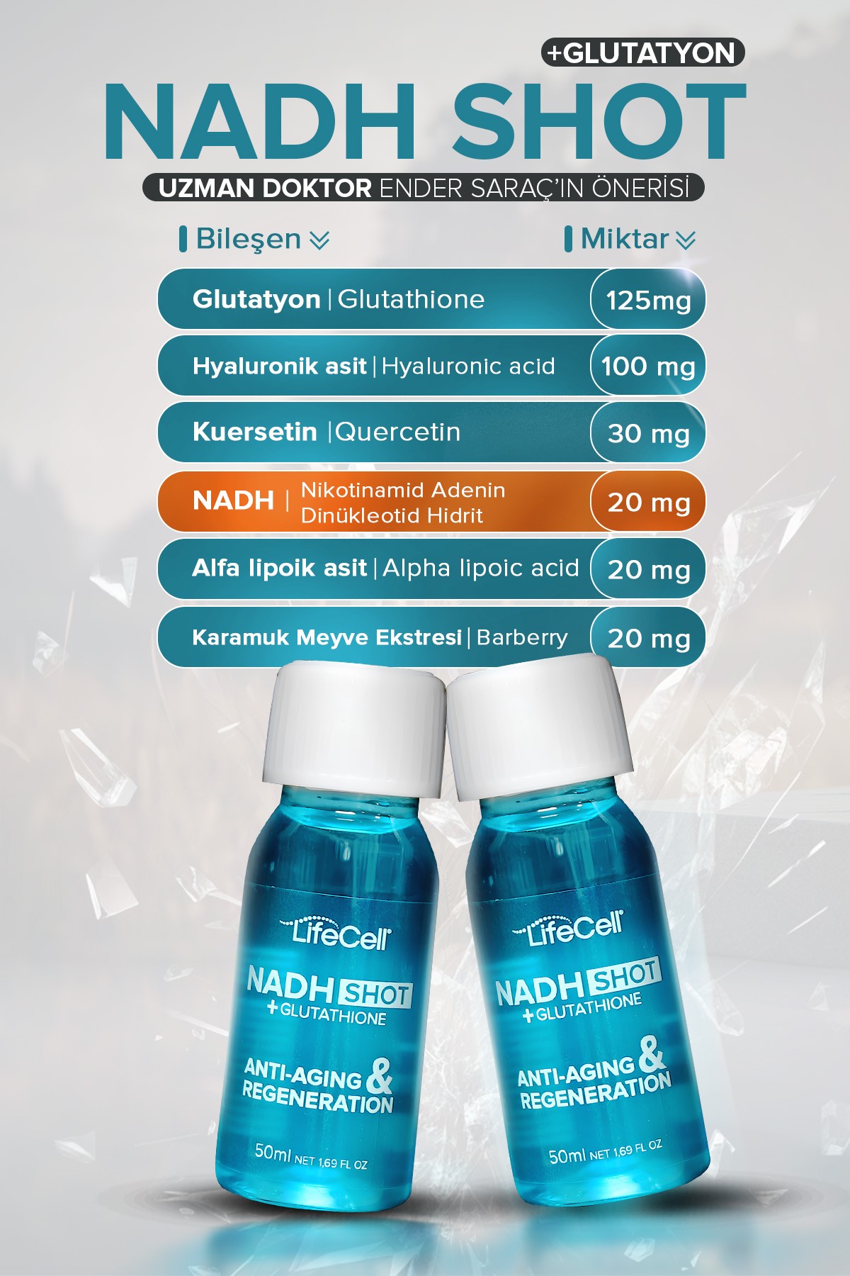 Nadh Shot + Glutathione ( Glutatyon ) Anti-Aging Takviye Edici Gıda 10 Shot