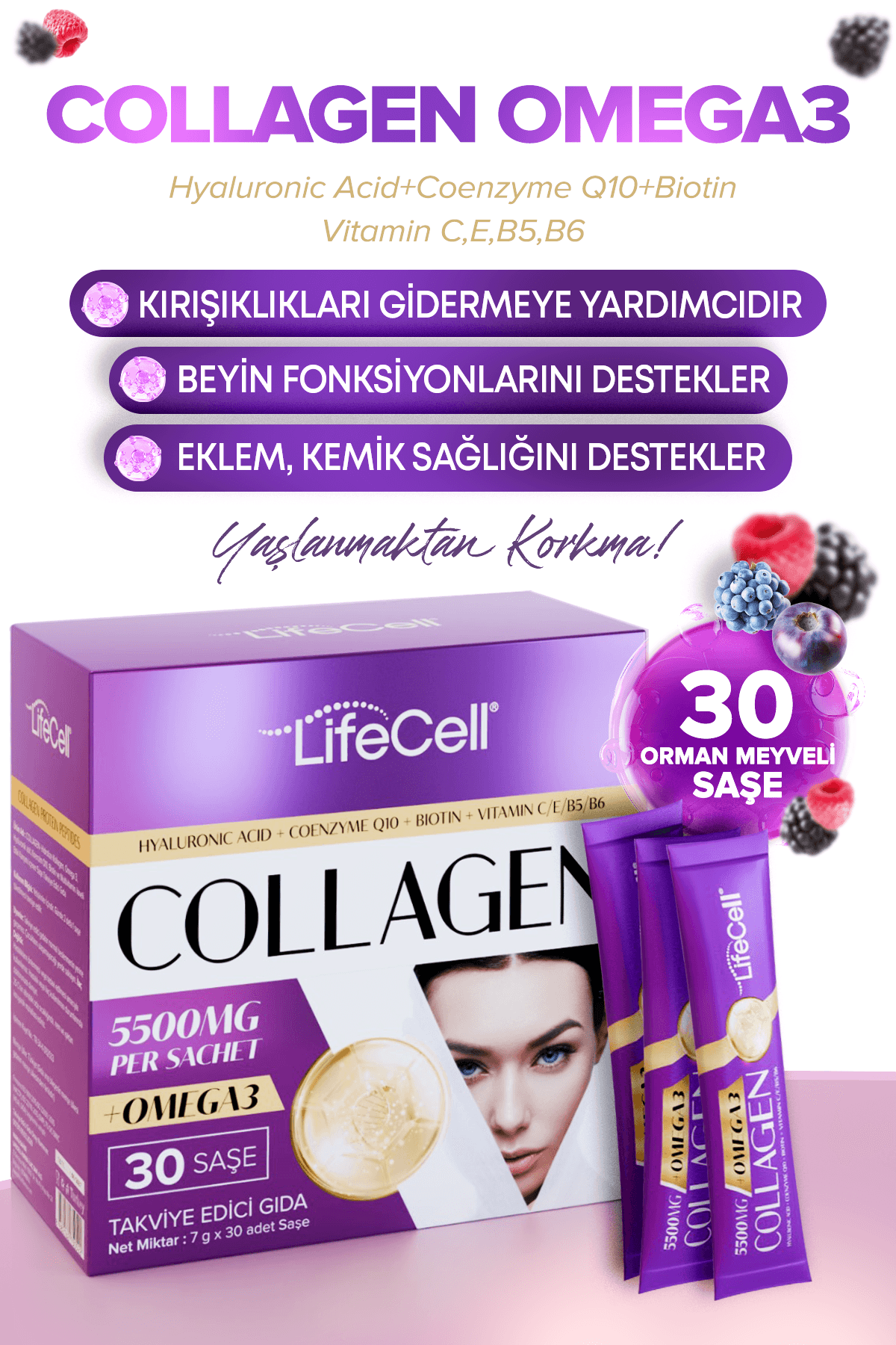 COLLAGEN OMEGA3 Hyaluronic Acid+Coenzyme Q10 İçeren Takviye Edici Gıda 30 Saşe