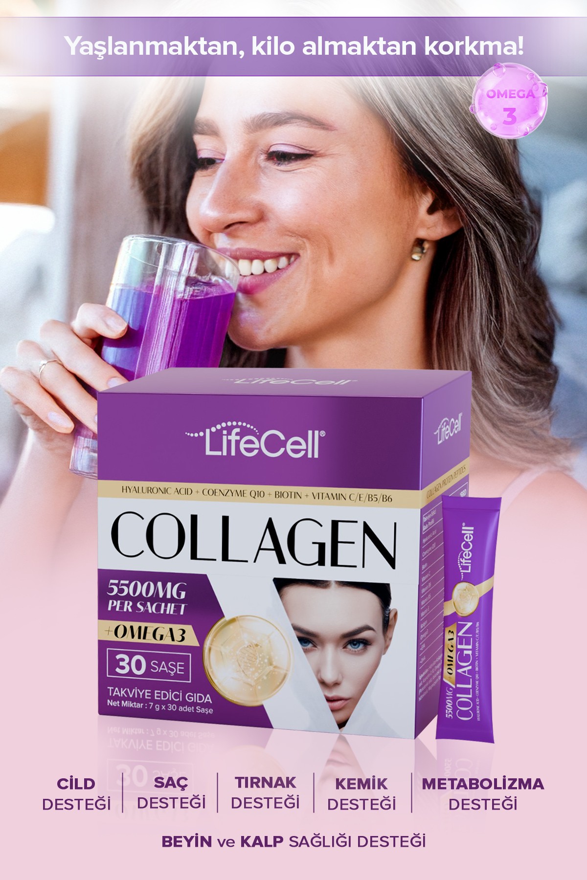 COLLAGEN OMEGA3 Hyaluronic Acid+Coenzyme Q10 İçeren Takviye Edici Gıda 30 Saşe