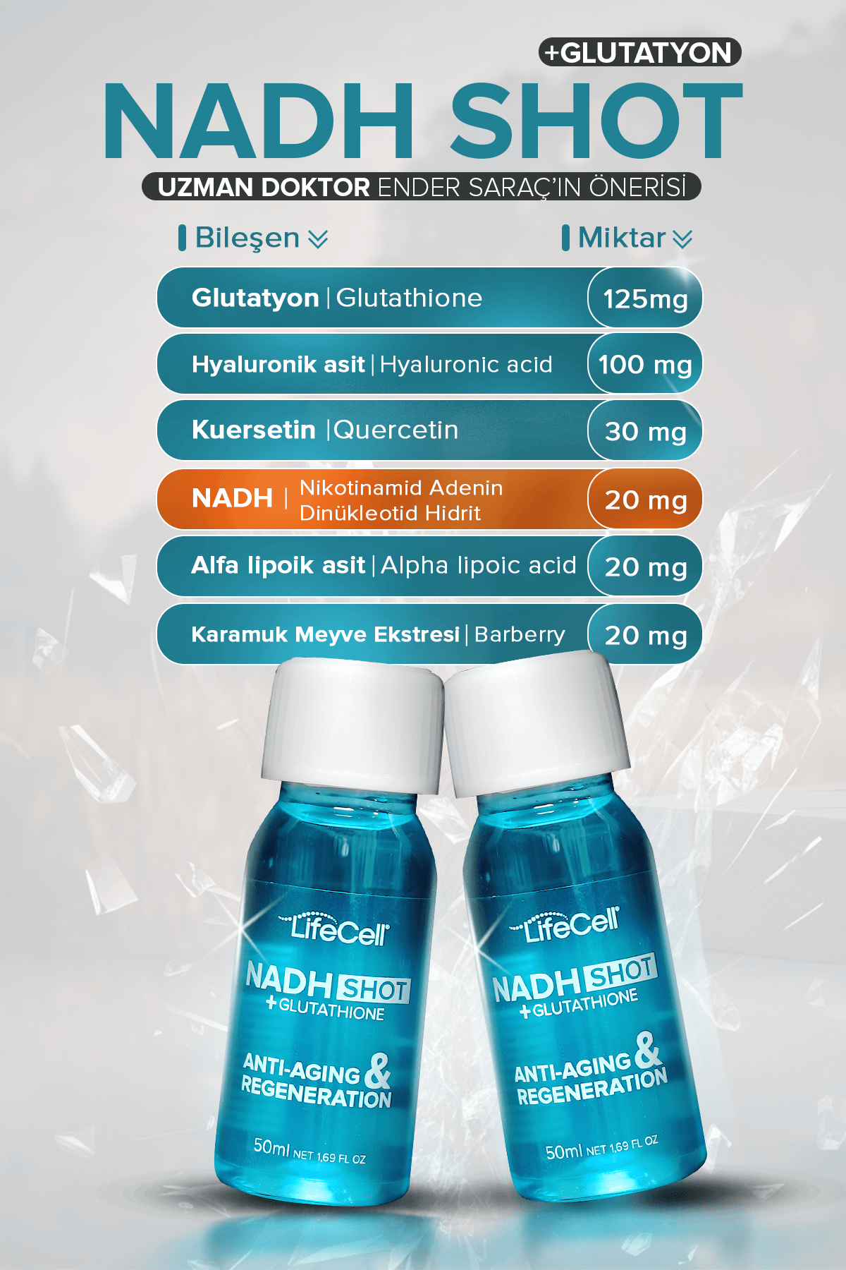 Nadh Shot + Glutathione ( Glutatyon ) Yaşlanma Karşıtı Takviye Edici Gıda