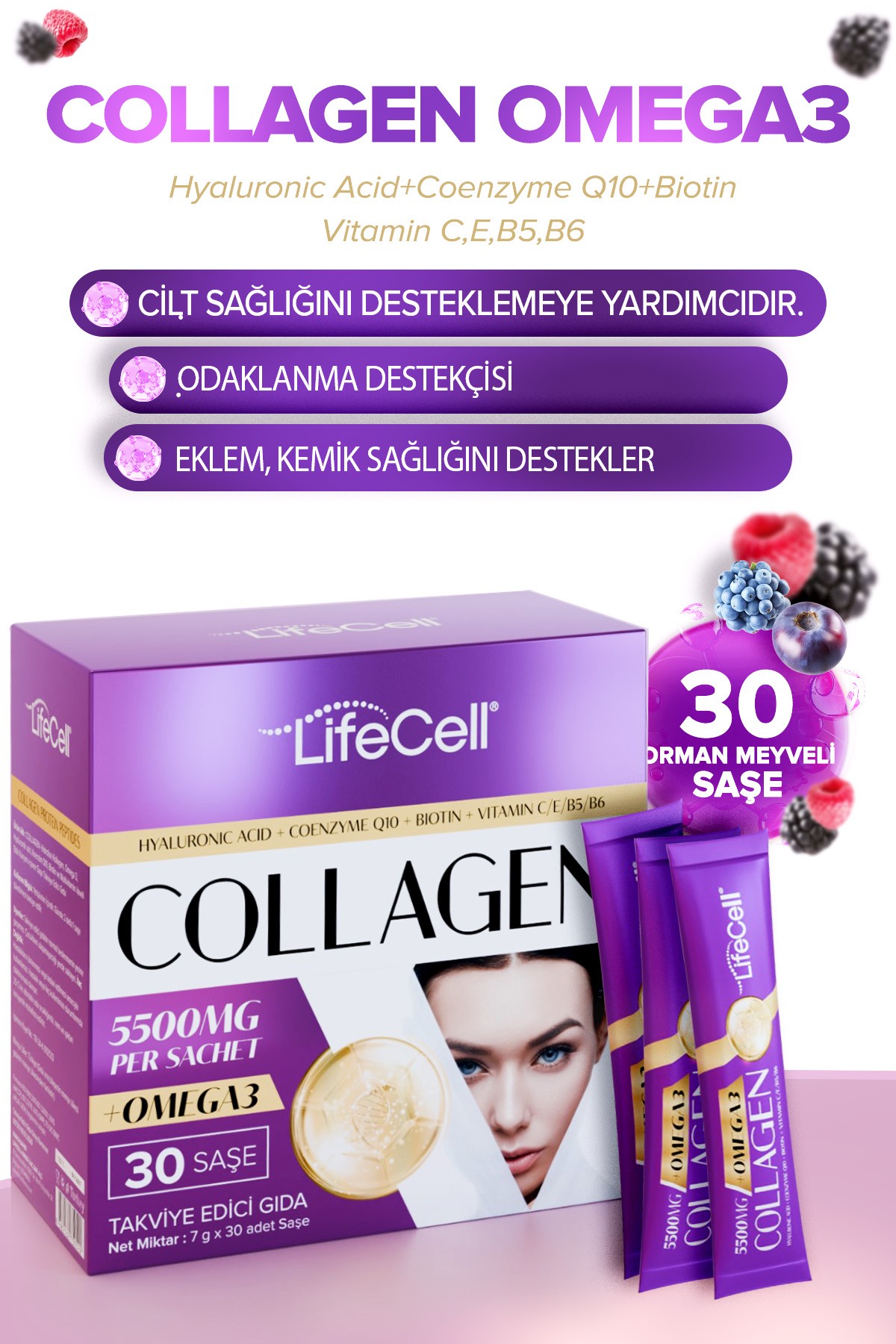 COLLAGEN OMEGA3 Hyaluronic Acid+Coenzyme Q10 İçeren Takviye Edici Gıda 30 Saşe