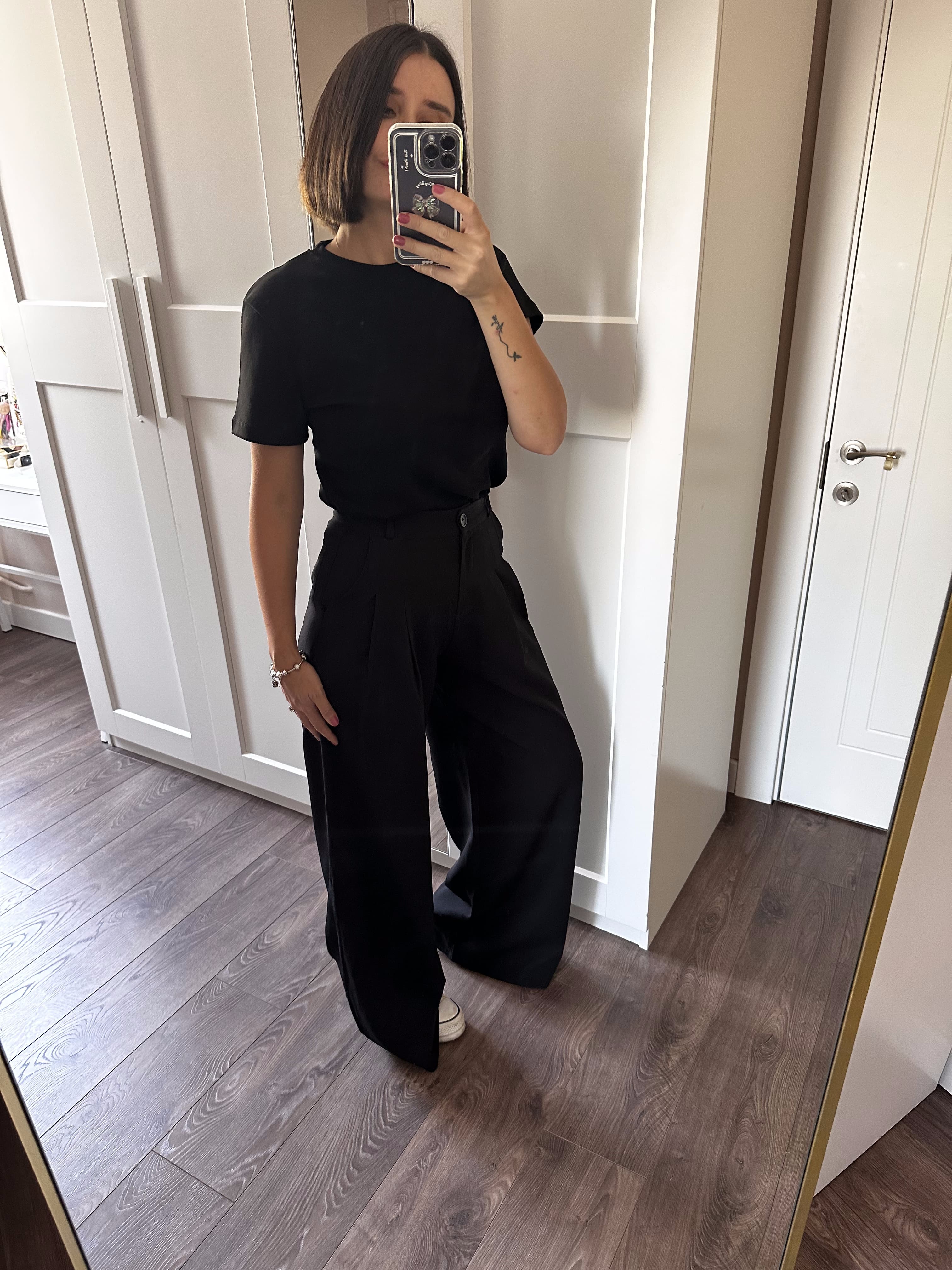Çift Pileli Premium Palazzo Siyah Pantolon