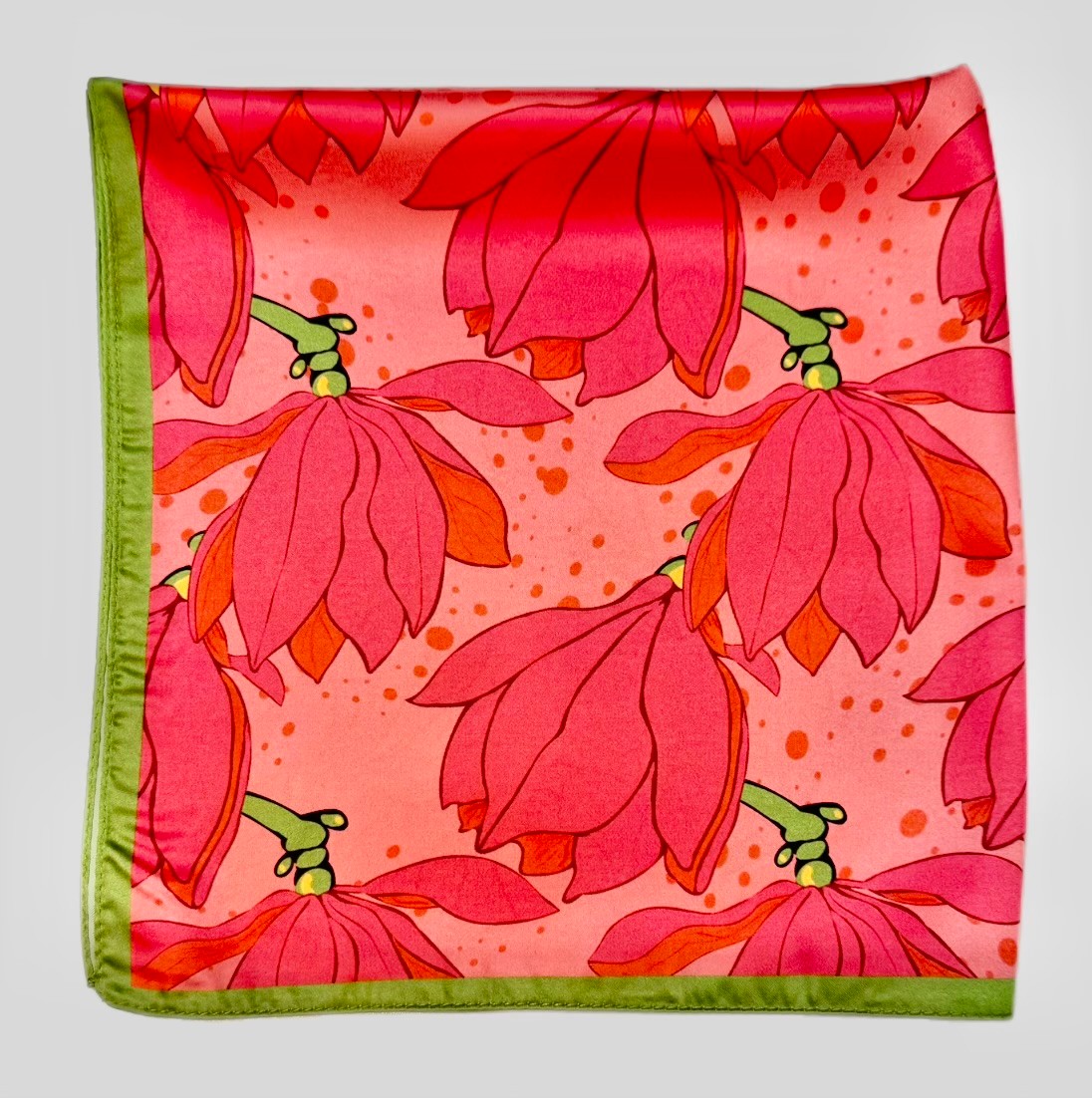 Pembe Çiçek Desen Saten Fular