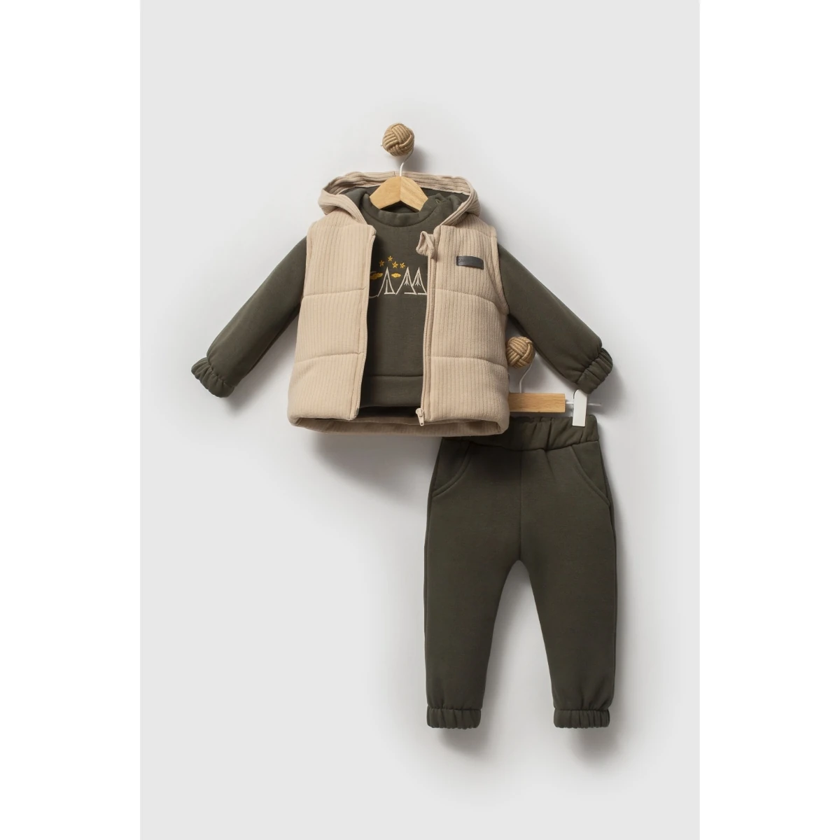 Erkek Bebek Yelekli 3lü Takım Haki