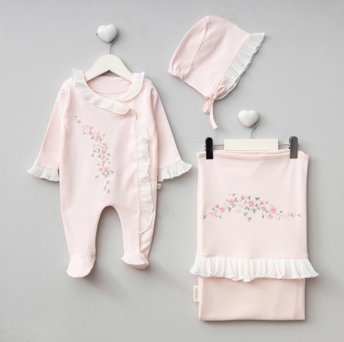 Kız Bebek %100 Organik 0-3 Ay Pliseli Battaniye Tulum Set 