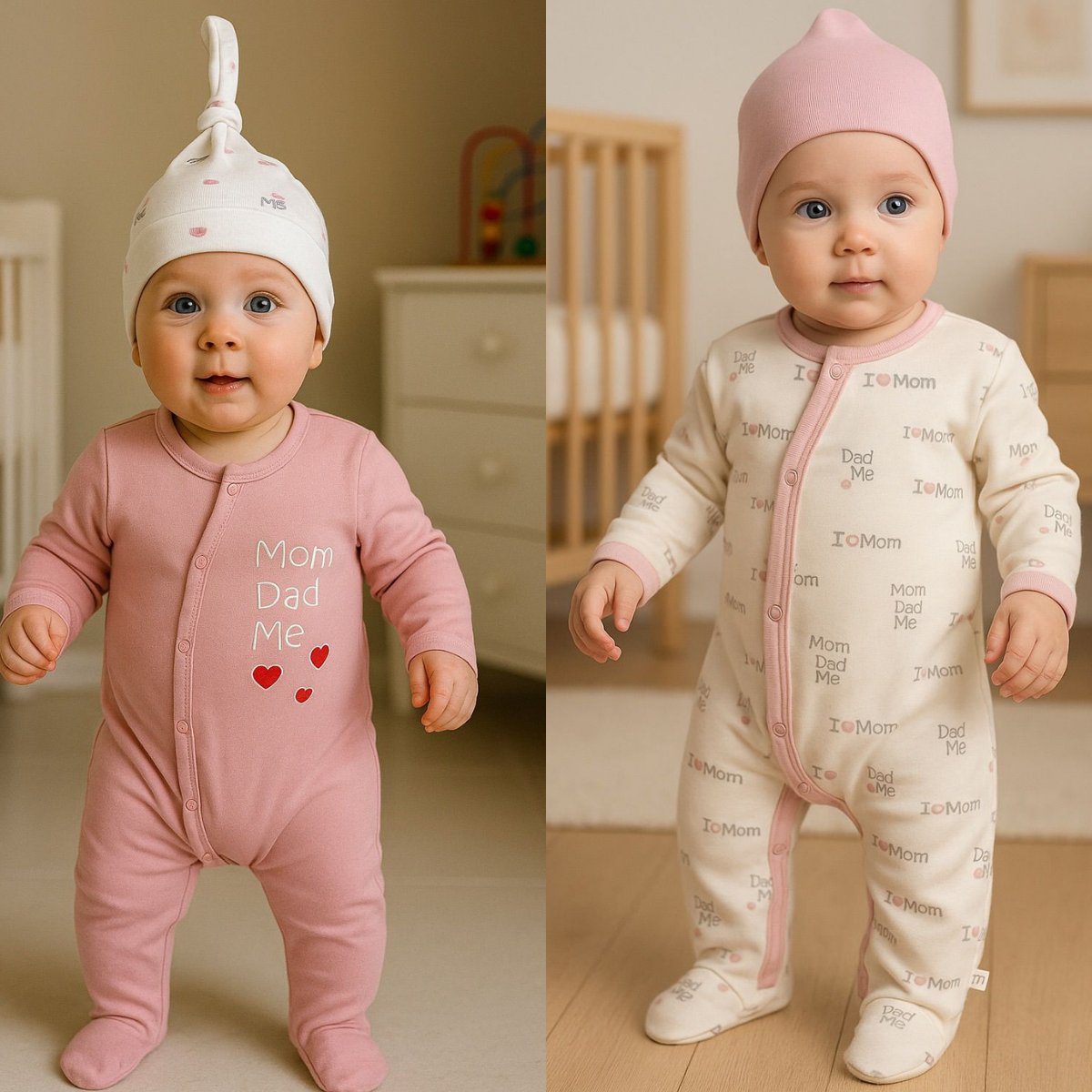 Kız Bebek Mom/Dad 2li Şapkalı Tulumlar Pembe