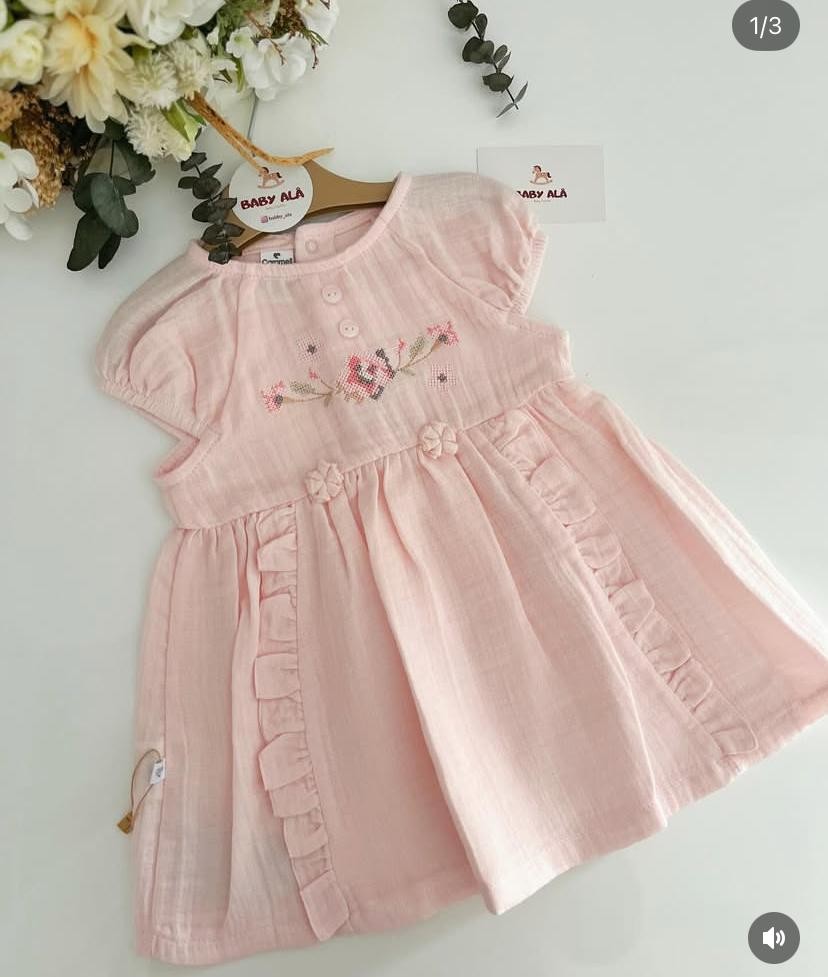 Kız Bebek Nakışlı Müslin Organik Elbise Pembe 