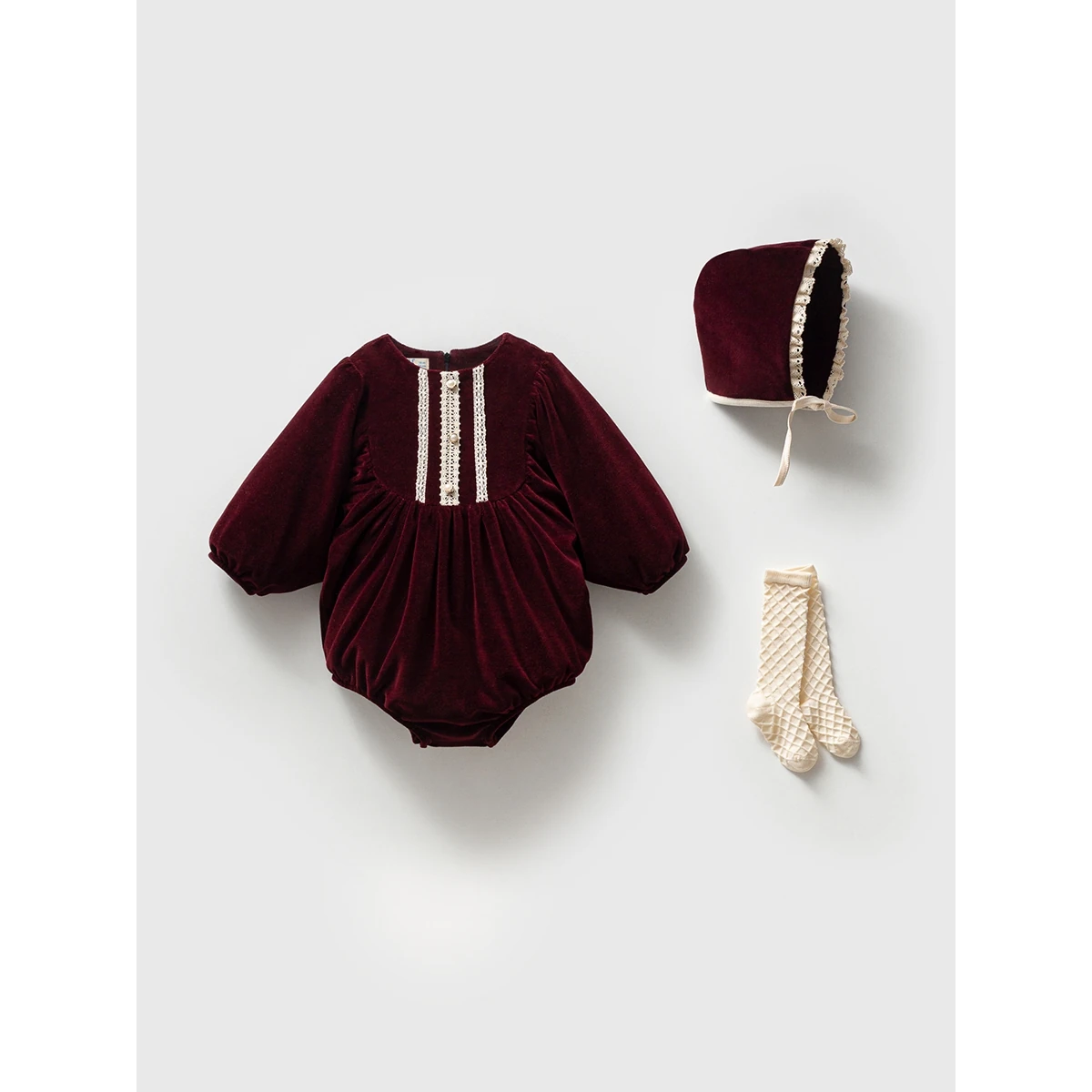 Kız Bebek Bordo  Organik Kadife Romper Set