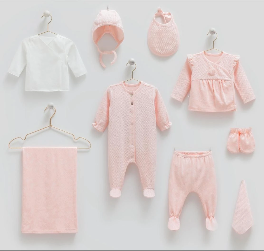 Kalp detaylı %100 Organik 10 parça hastane çıkış seti 