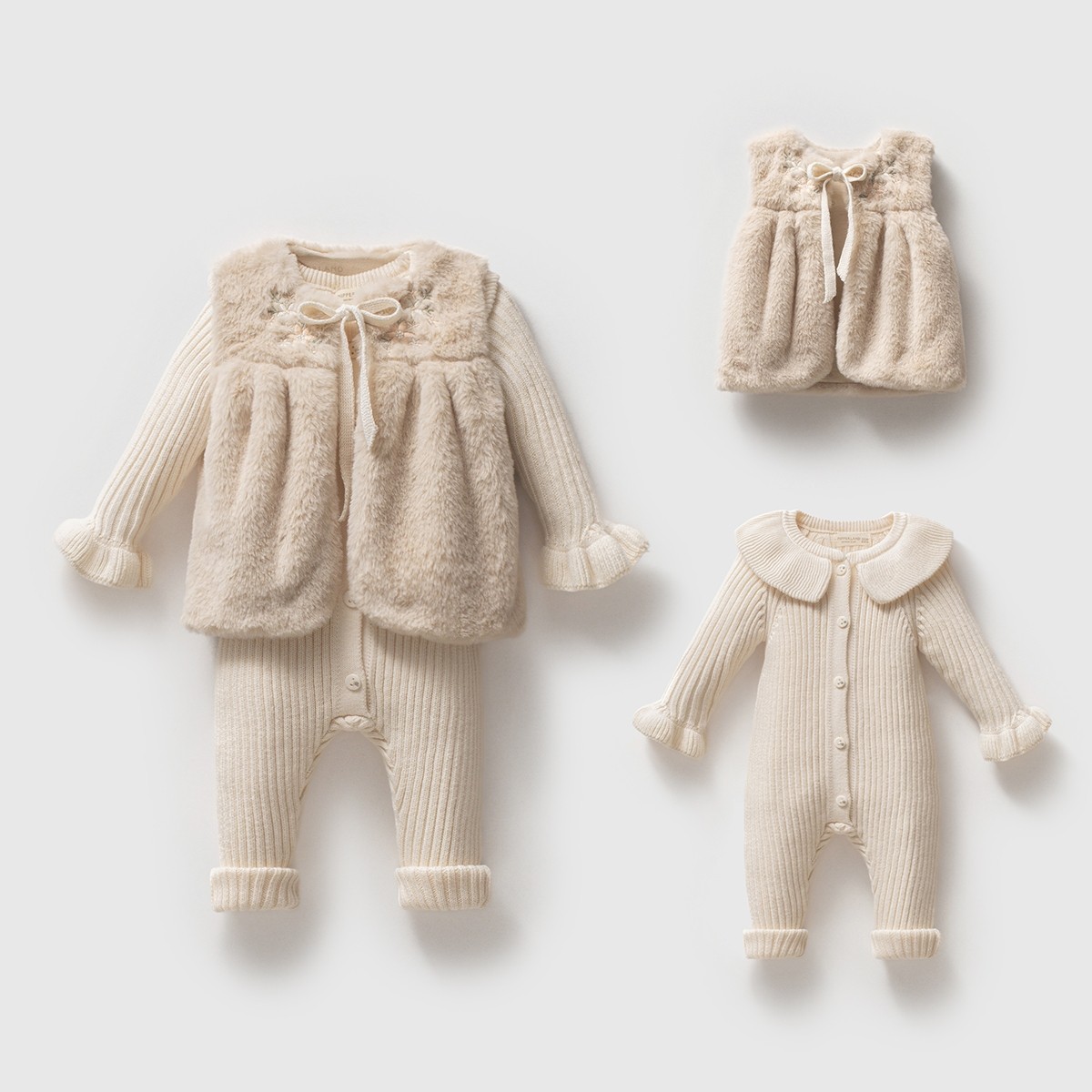 Kız Bebek Organik Peluş Yelekli Triko Tulum Set Krem 