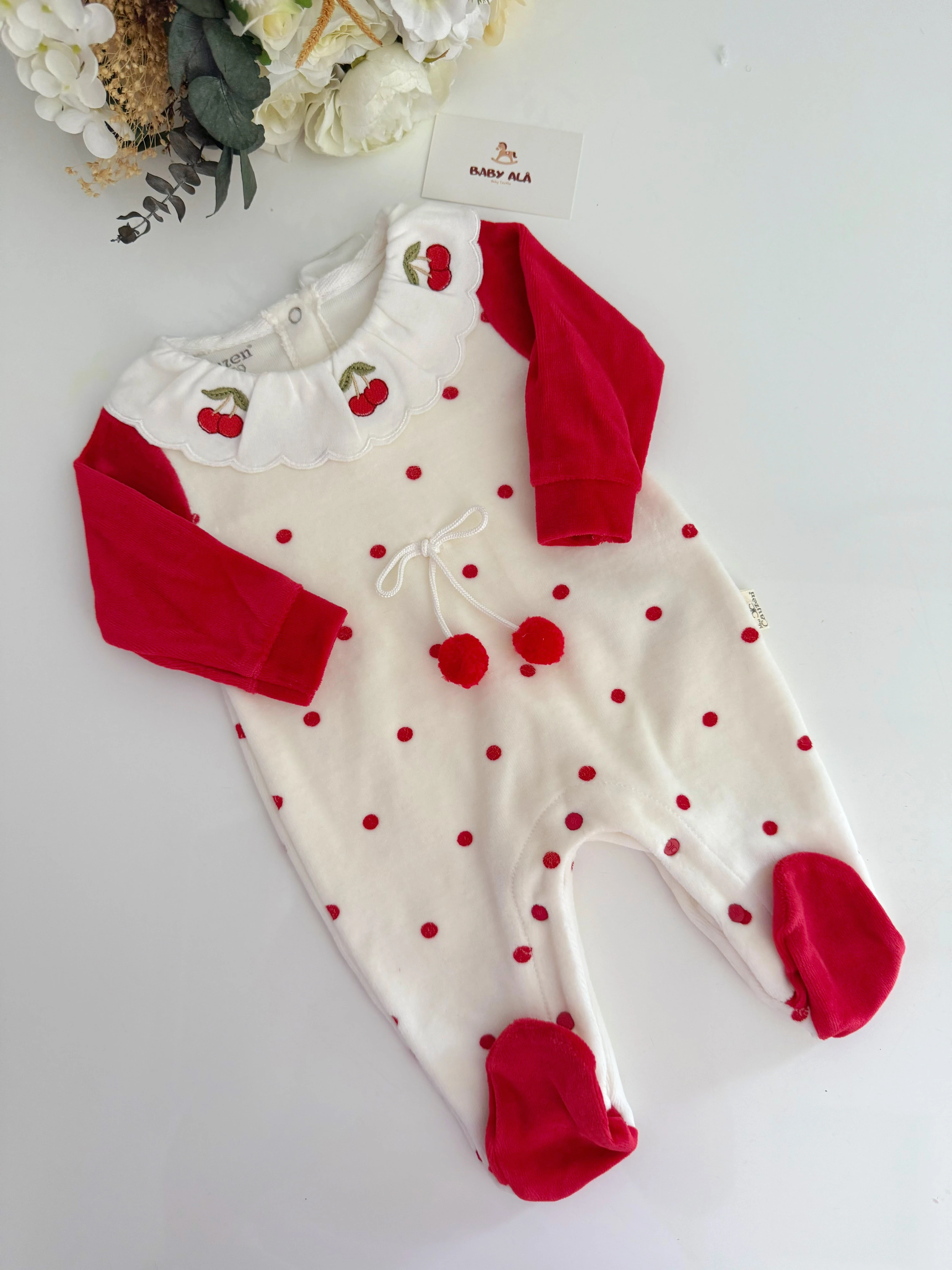 Kadife Kiraz detaylı tulum %100 Organik