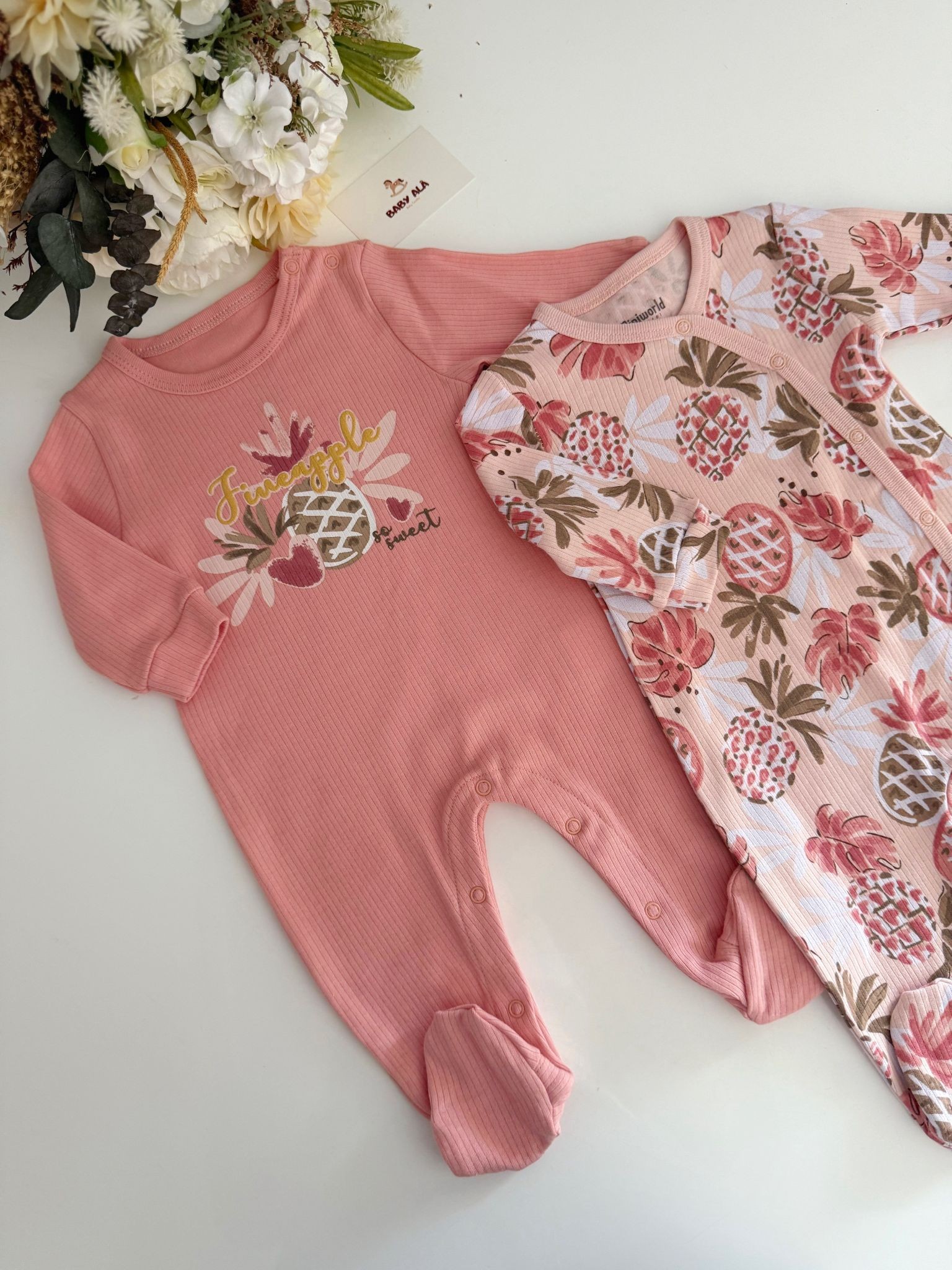 Kız Bebek Ananas Detaylı 2li Tulumlar Pembe