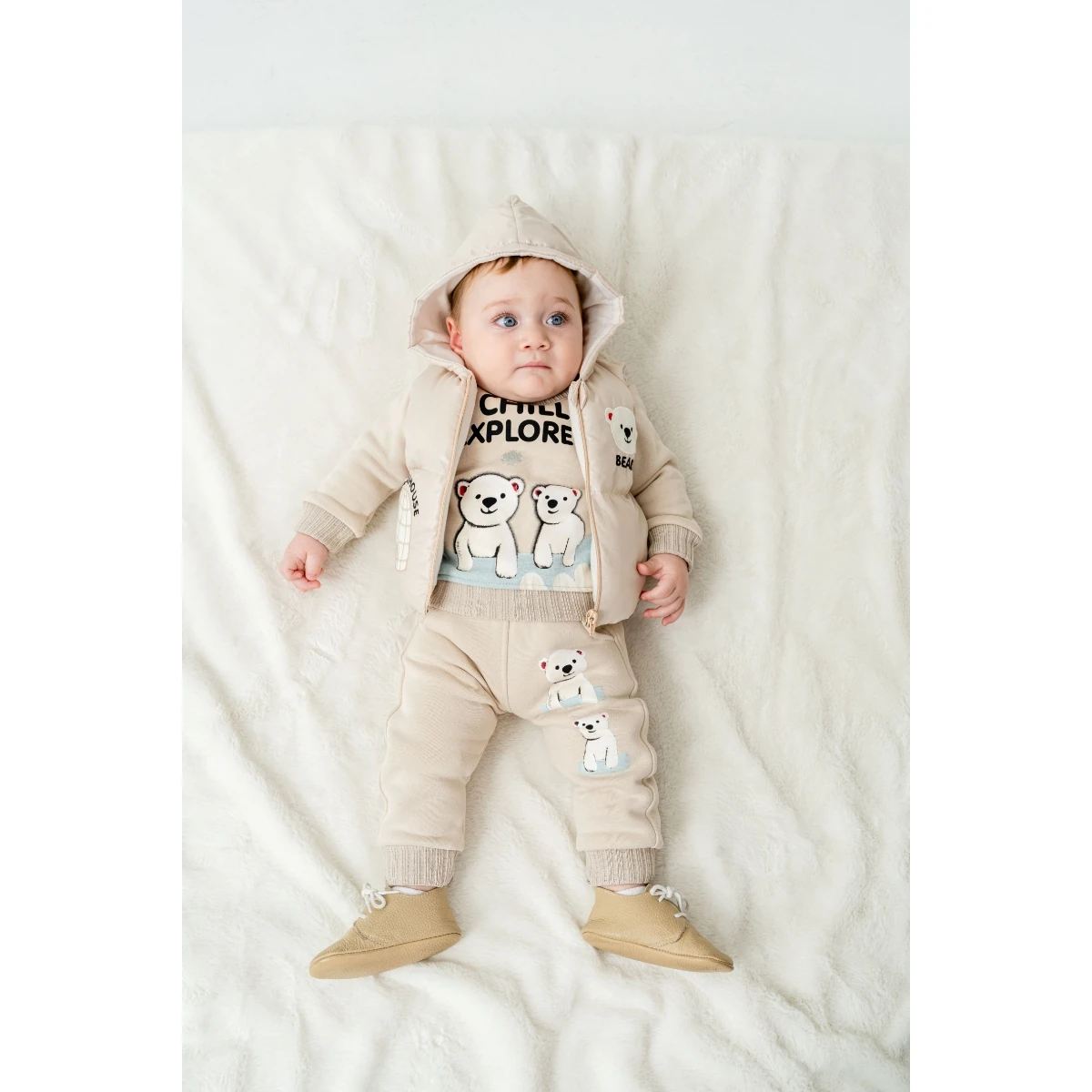 Erkek Bebek Ayıcık Detaylı Şişme Yelekli 3lü Takım Set Bej