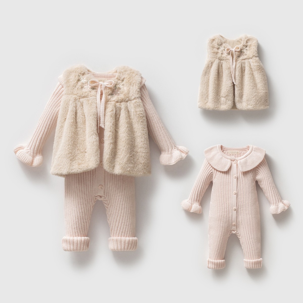 Kız Bebek Peluş Yelekli Organik Triko Tulum Set Pembe