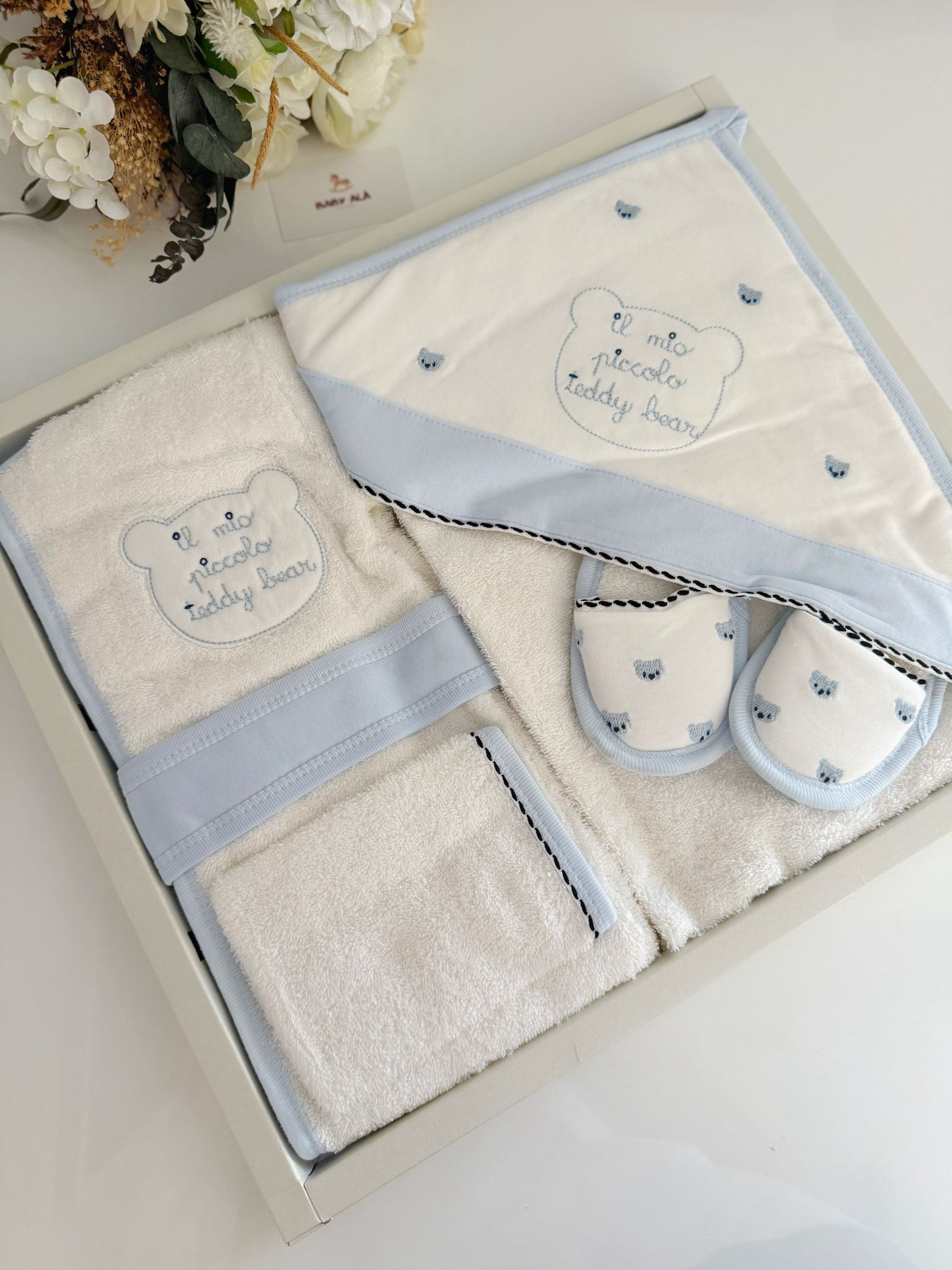 Erkek Bebek Bebe Mavi Şeritli 4 Parça Bornoz Seti