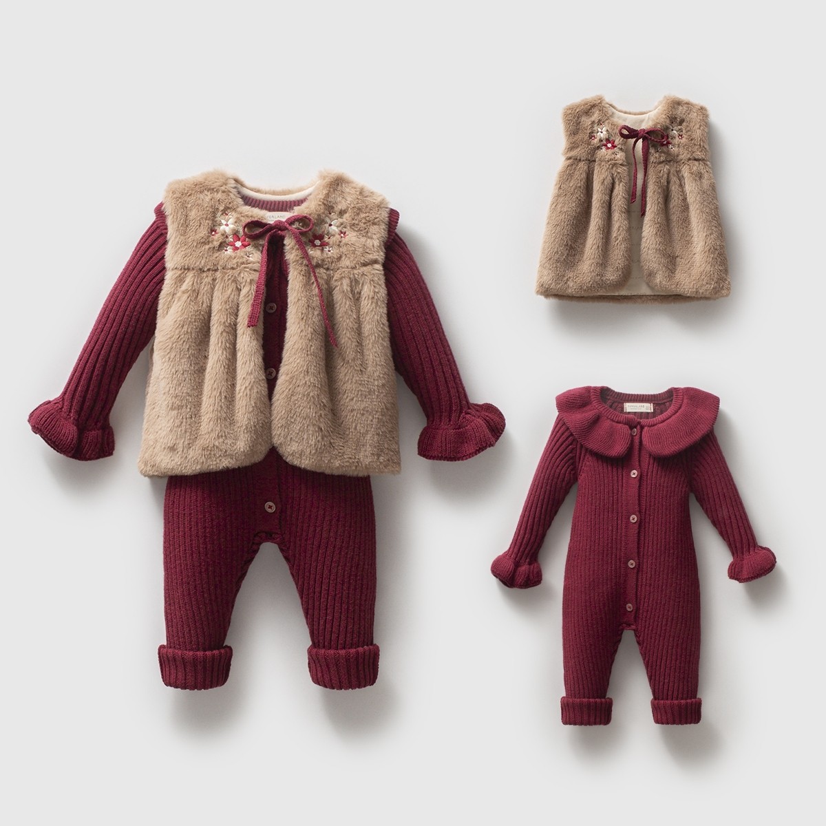 Kız Bebek Peluş Yelekli Organik Tulum Set Bordo 