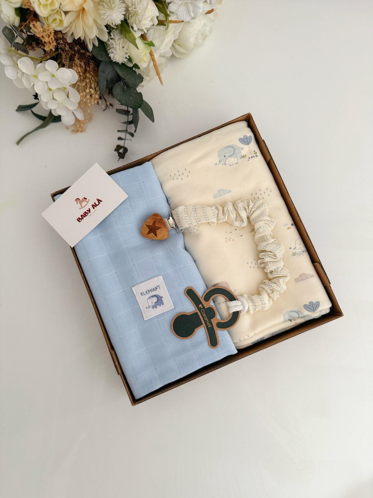 Organik 2li Fil Detaylı Battaniye Seti Bebe Mavi