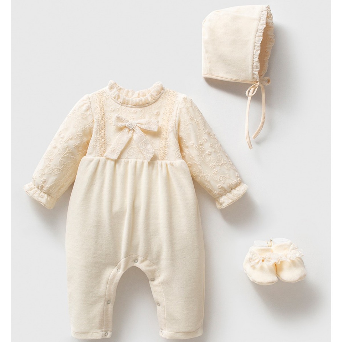 Kız Bebek Organik Kadife Dantelli Tulum Set 