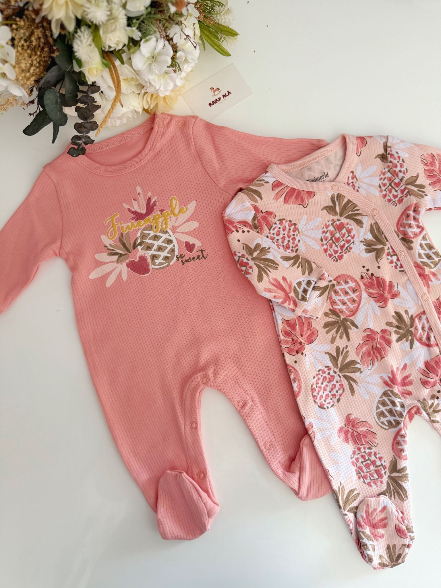Kız Bebek Ananas Detaylı 2li Tulumlar Pembe