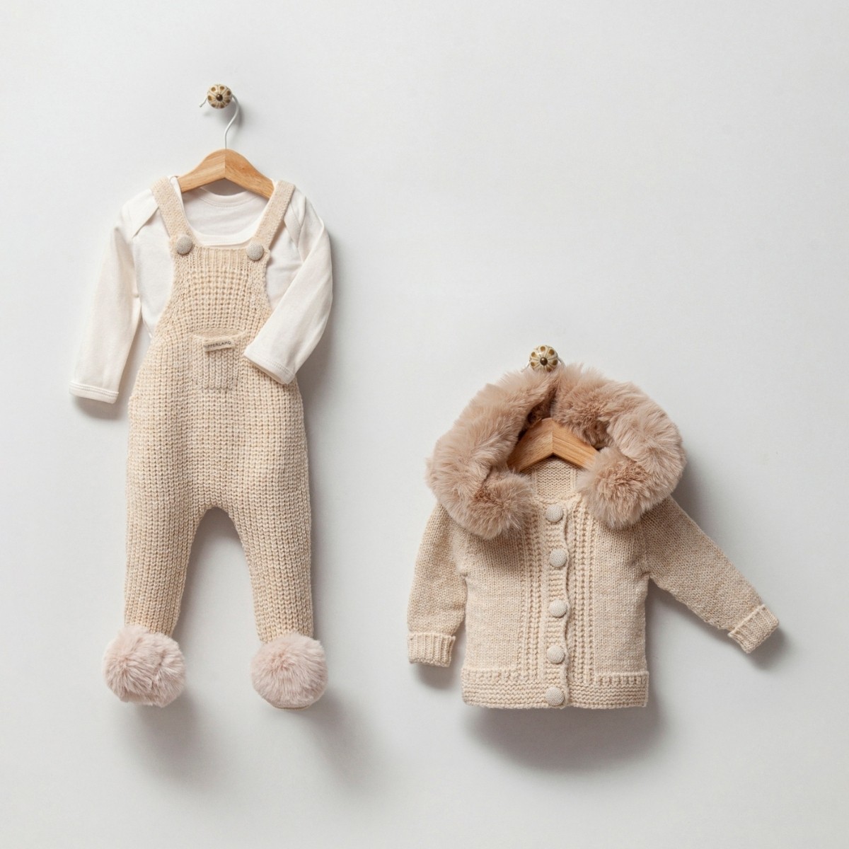 Unisex Organik Salopet Takım Set Bej