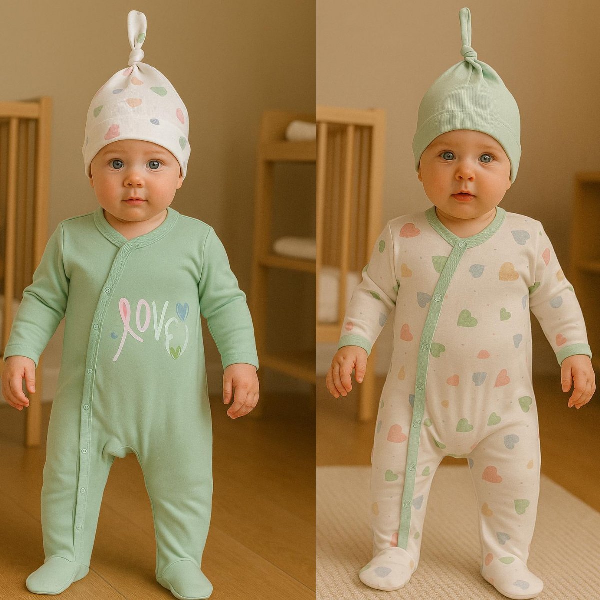 Kız Bebek Mint Love 2li Şapkalı Tulumlar Mint
