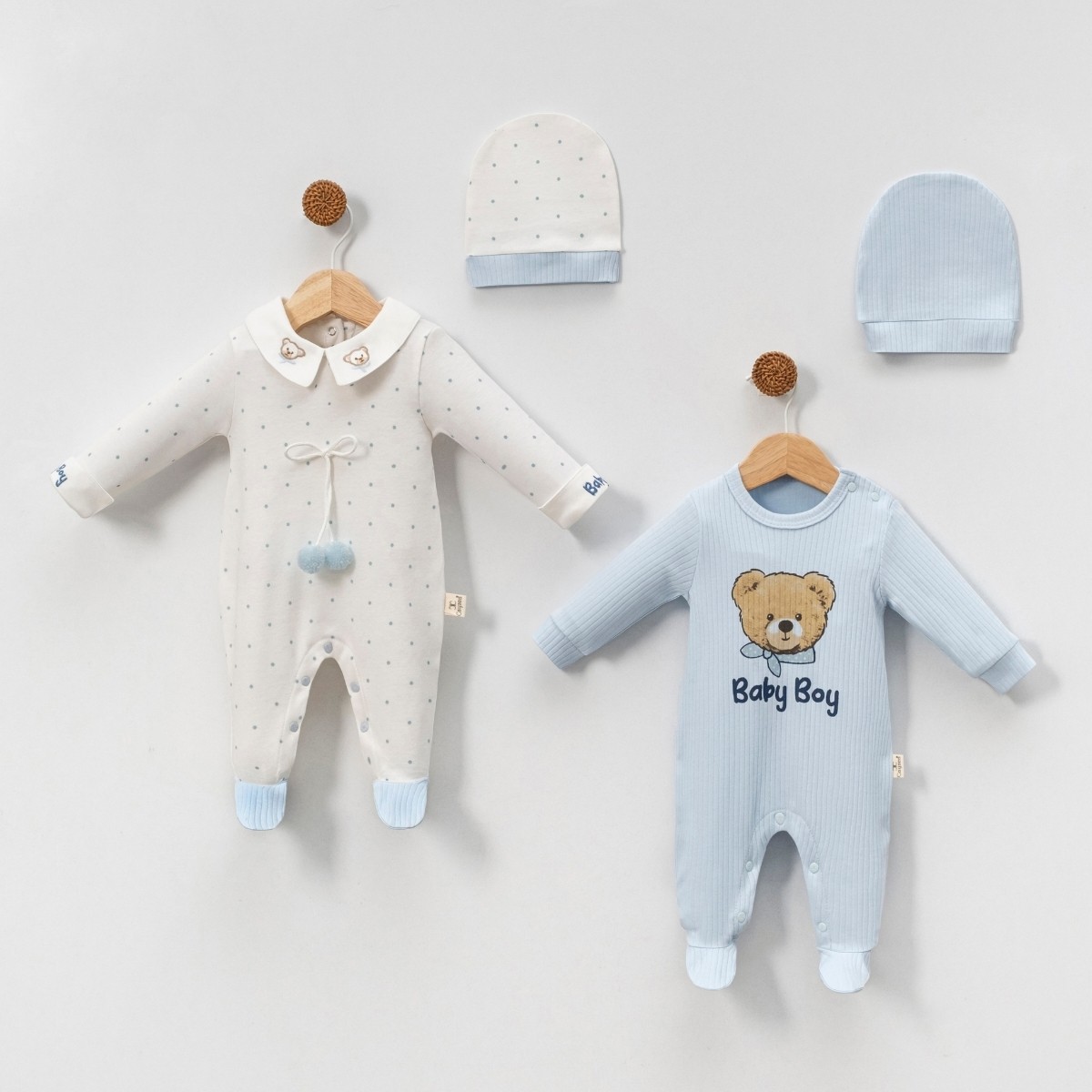 Erkek Bebek Baby Boy 2li Şapkalı Tulum Mavi 