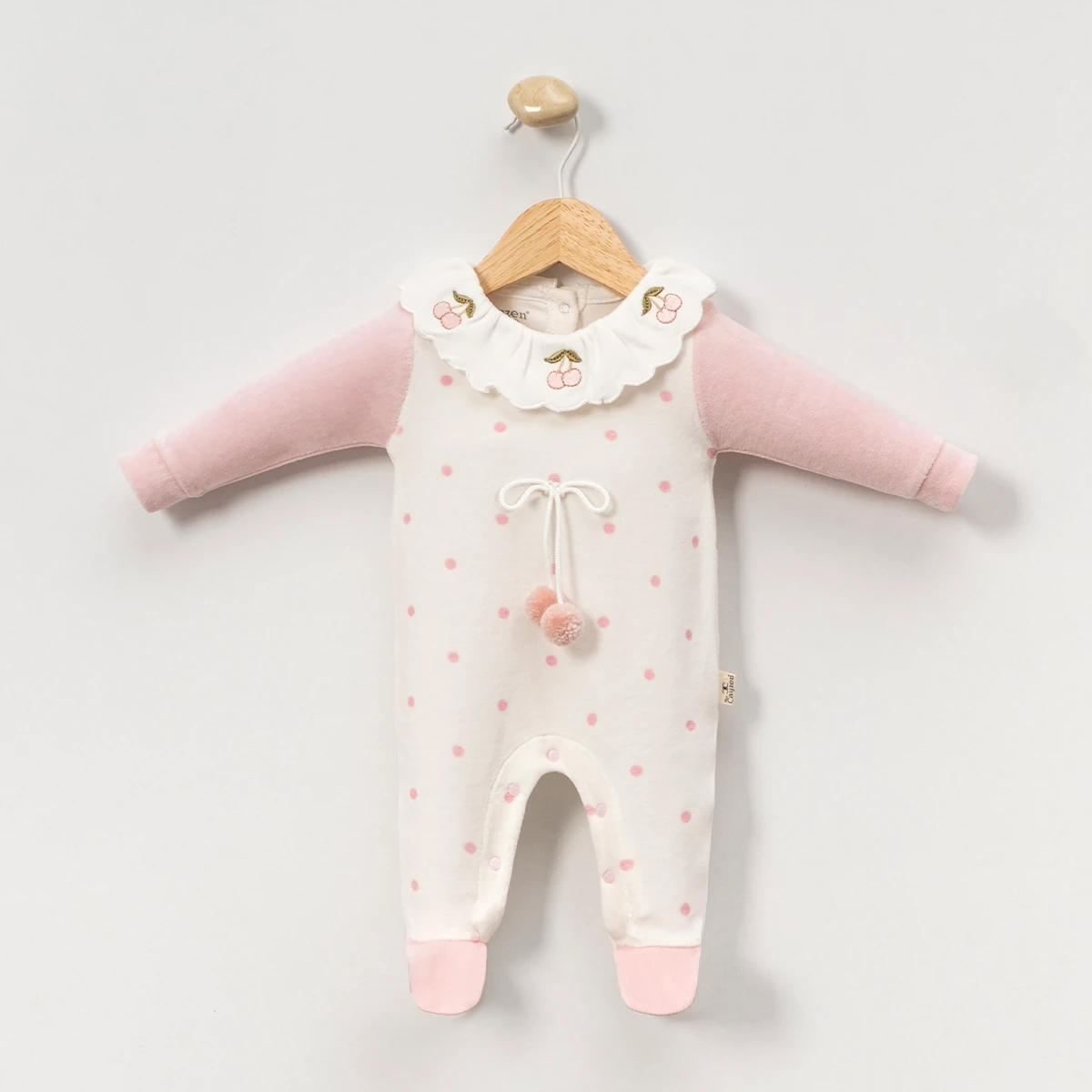 Kız Bebek Kiraz Kadife Tulum Pembe