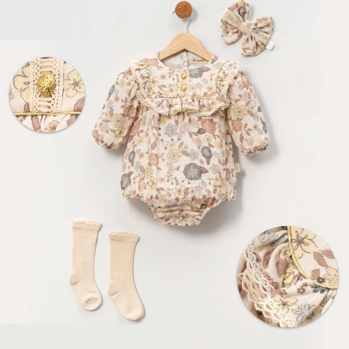 Kız Bebek Gold Detaylı Vintage Romper Set