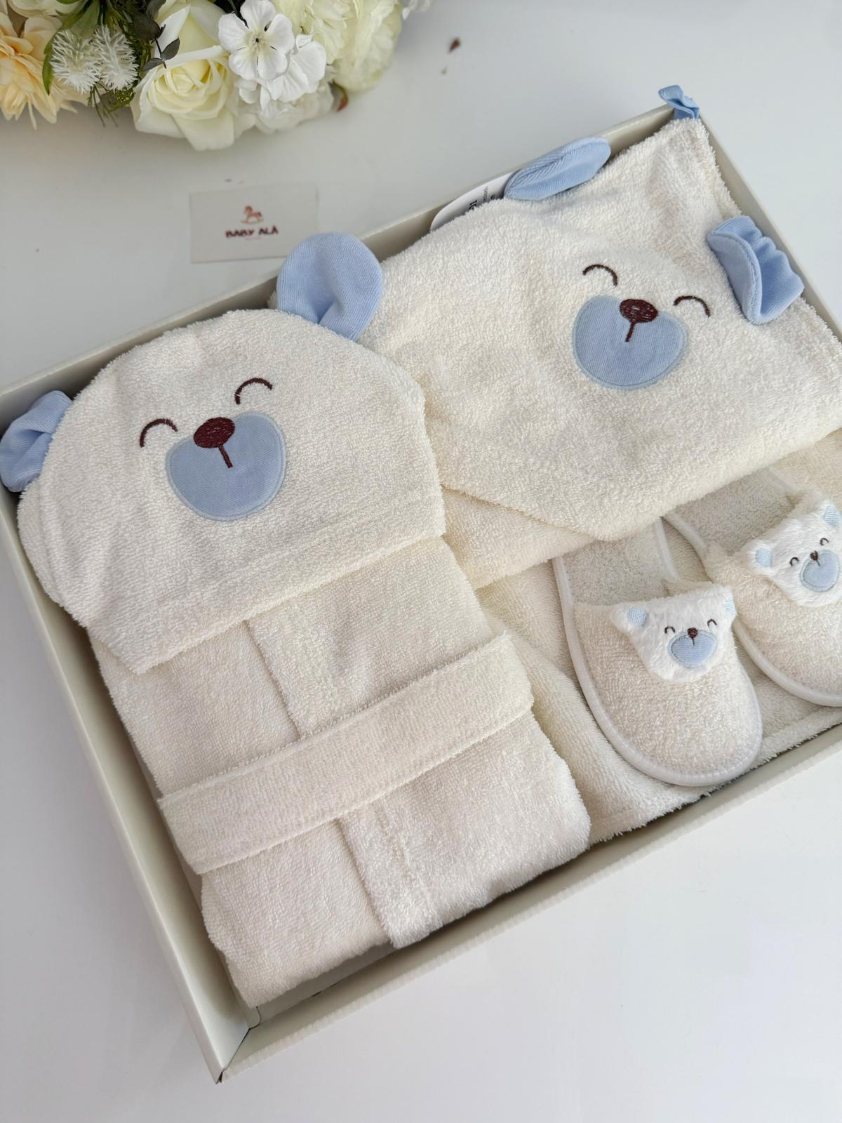 Erkek Bebek Sevimli Köpekcik Bornoz Seti Mavi