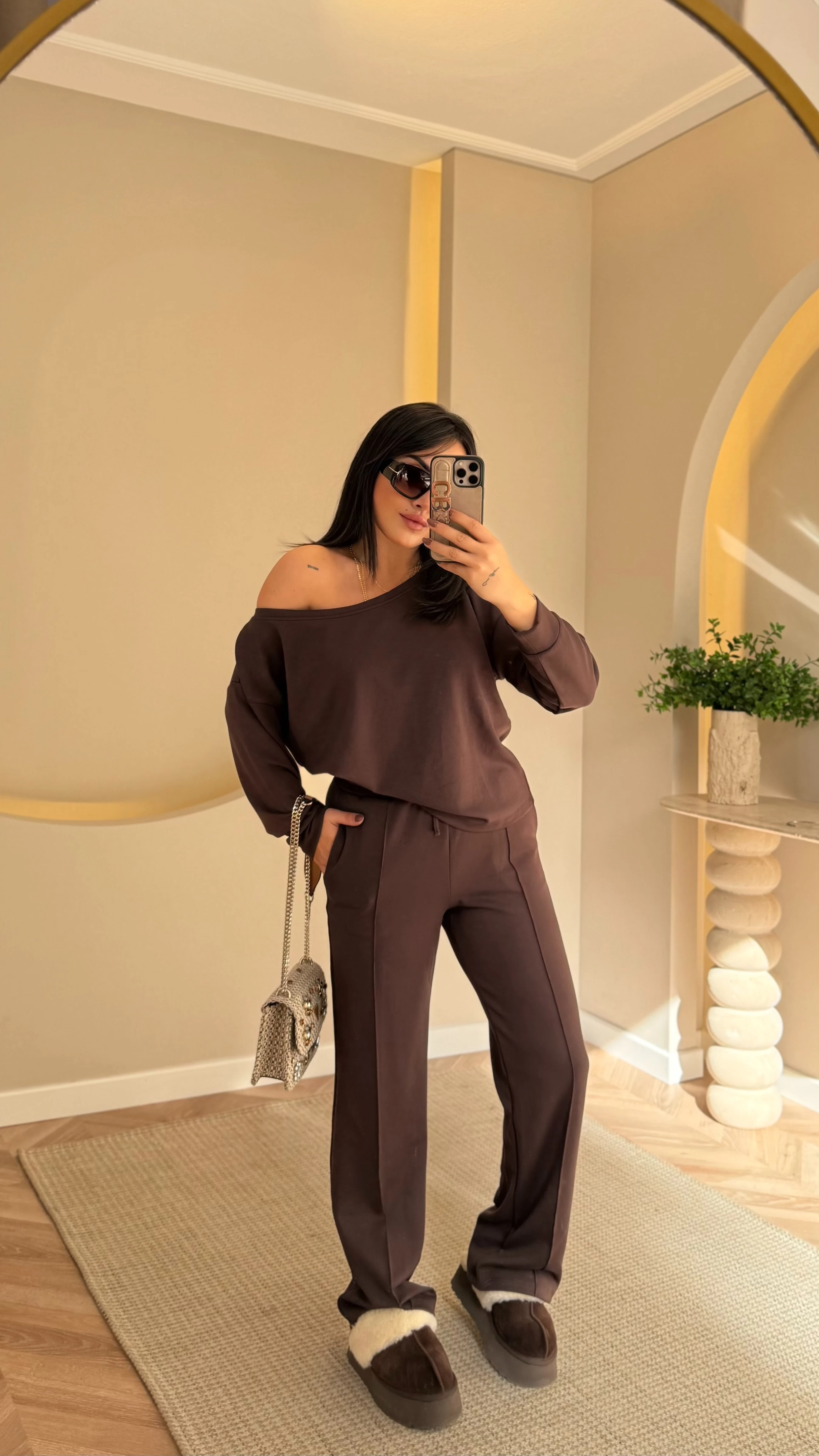 Kayık Yaka Modal Takım Kahve