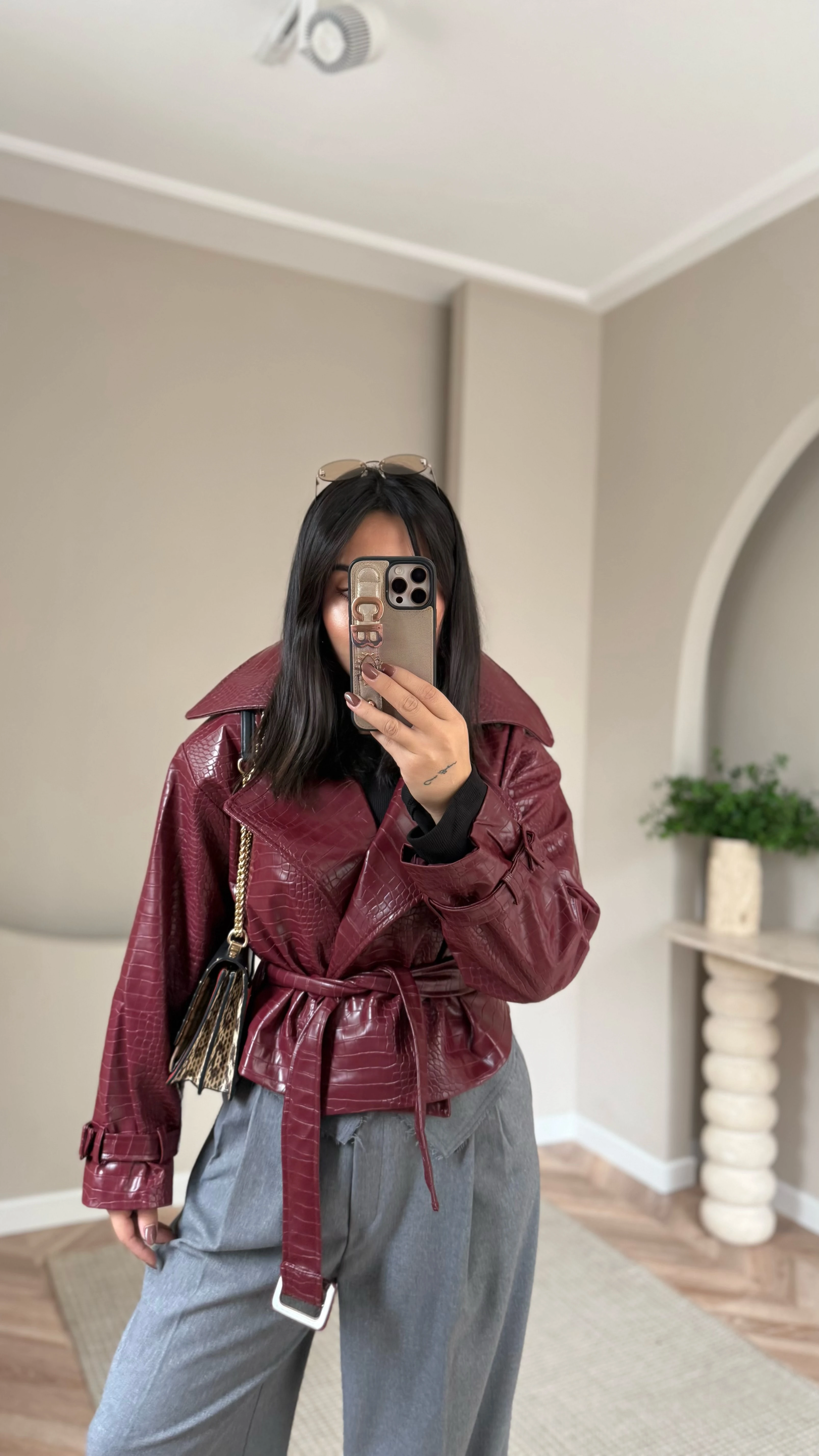 Krokodil Desen Deri Ceket Bordo