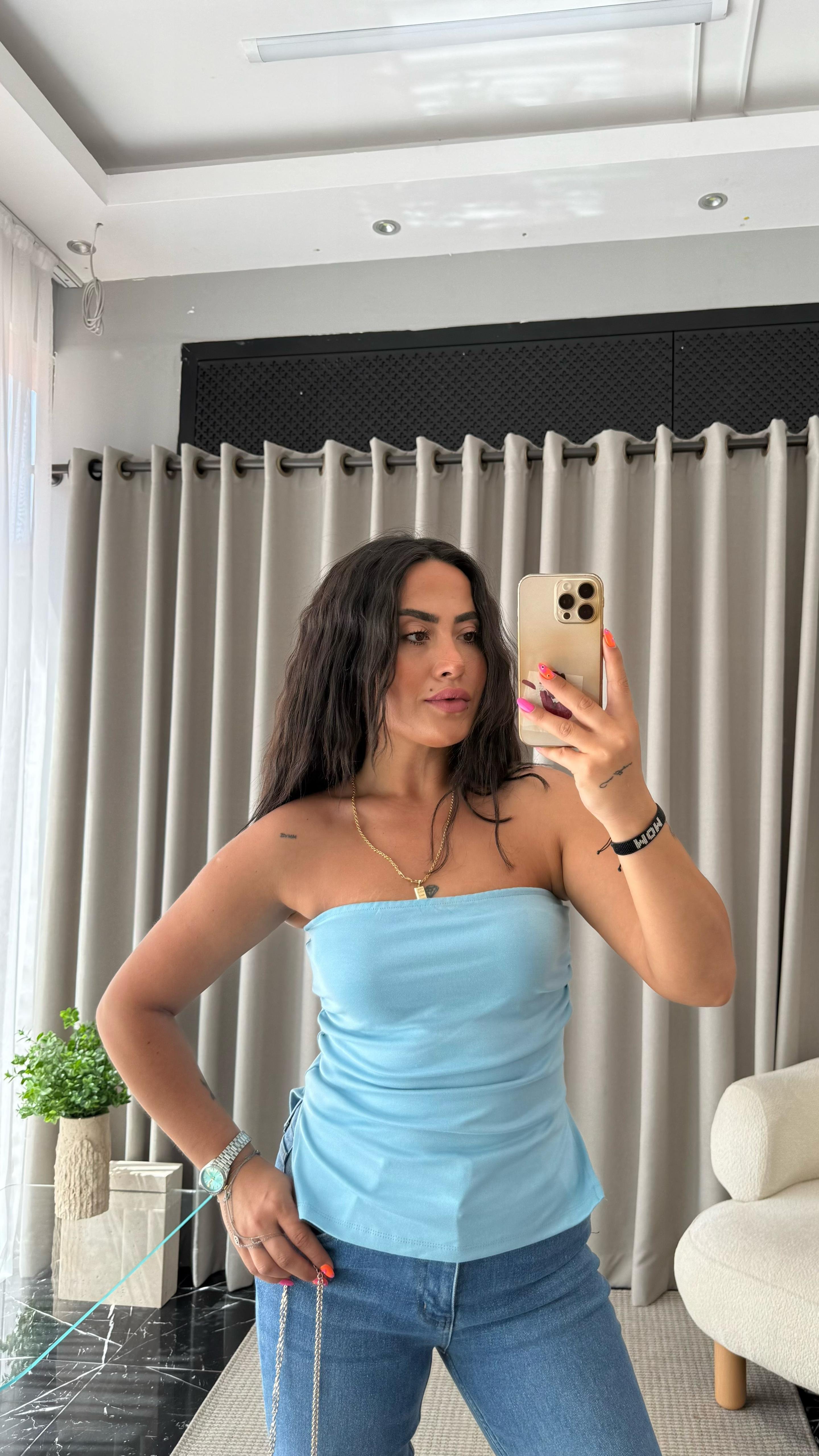 Straplez Bluz Mavi