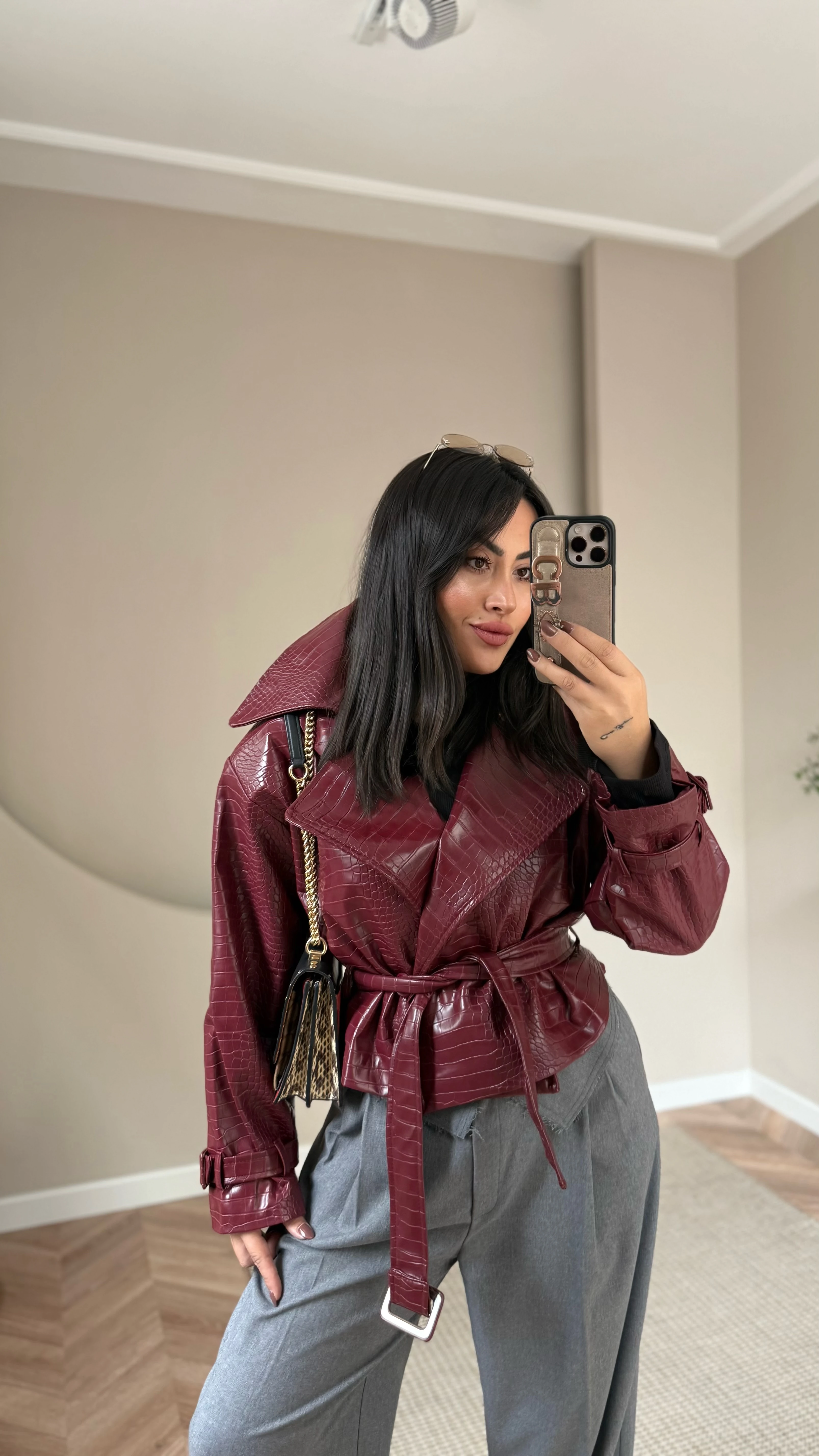 Krokodil Desen Deri Ceket Bordo