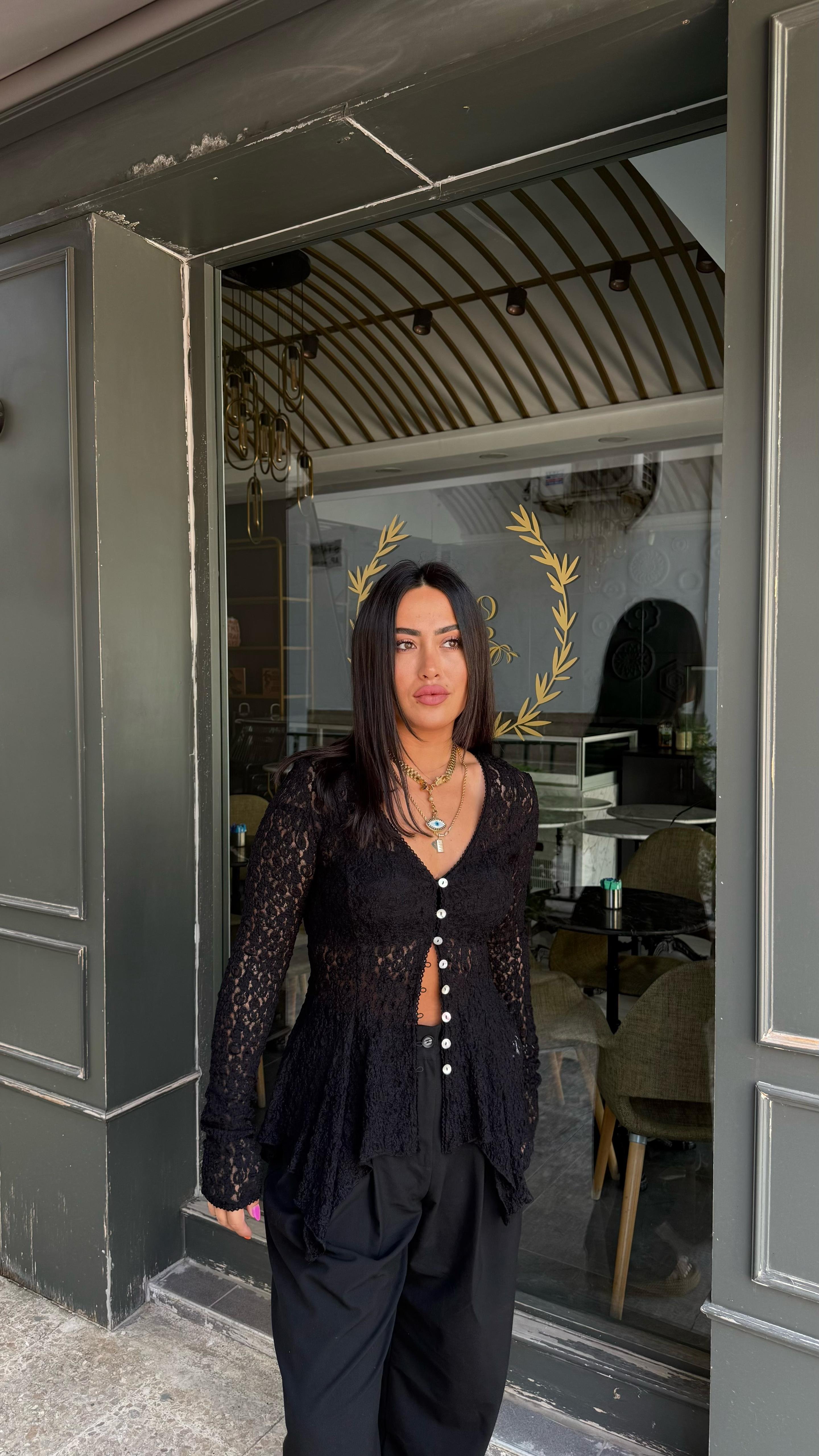Peplum Dantel Hırka Siyah