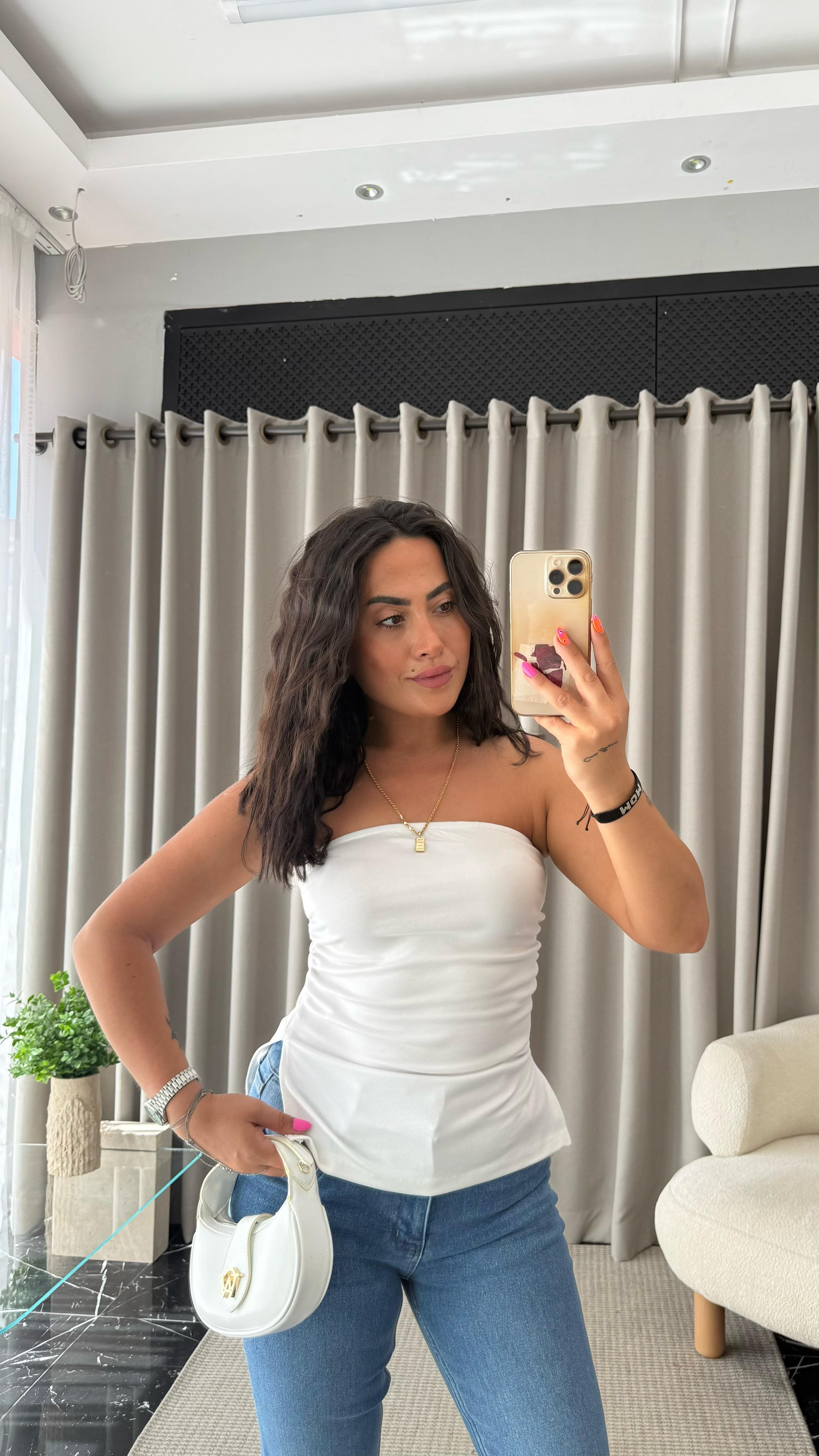 Straplez Bluz Beyaz