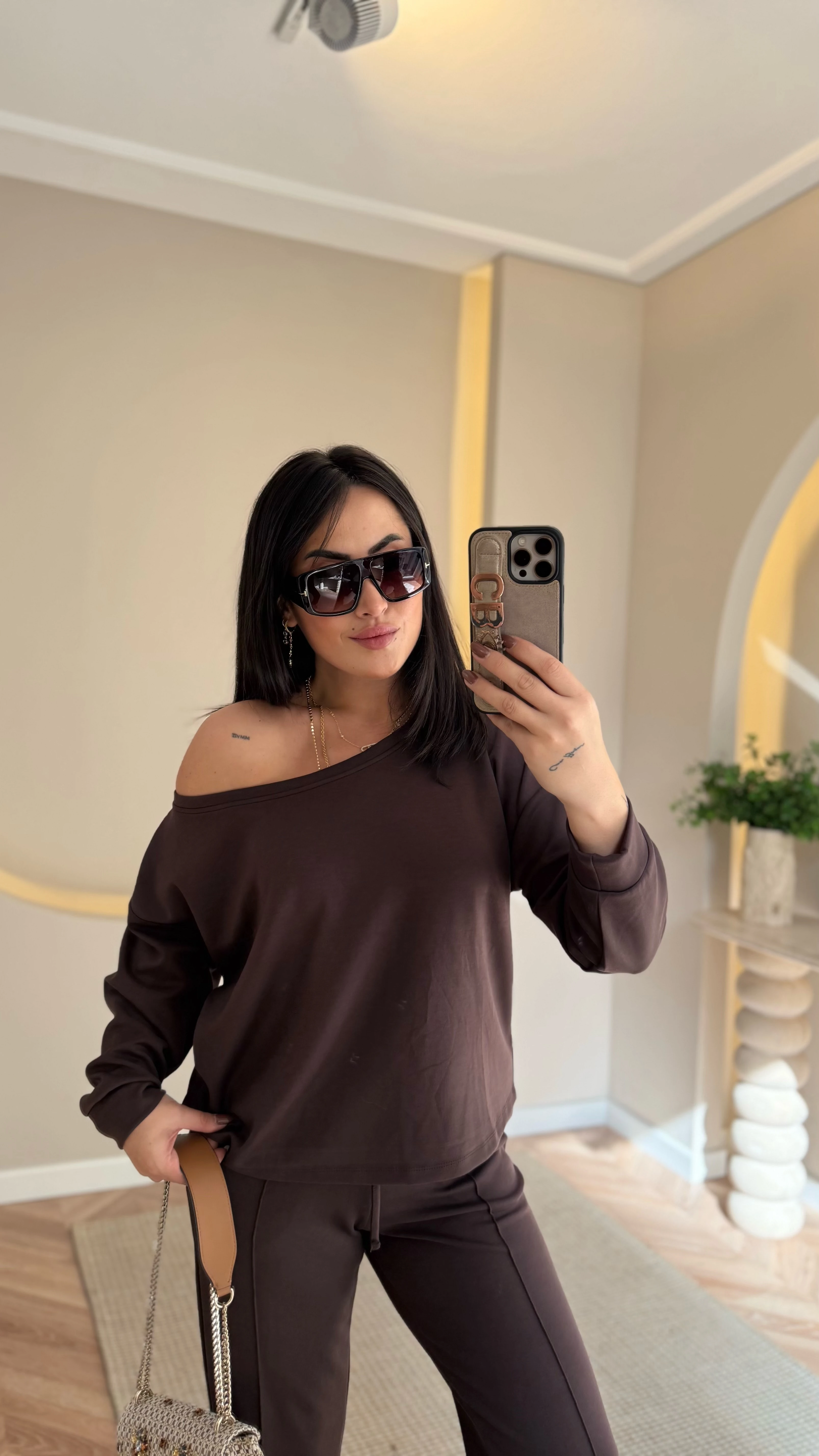 Kayık Yaka Modal Takım Kahve