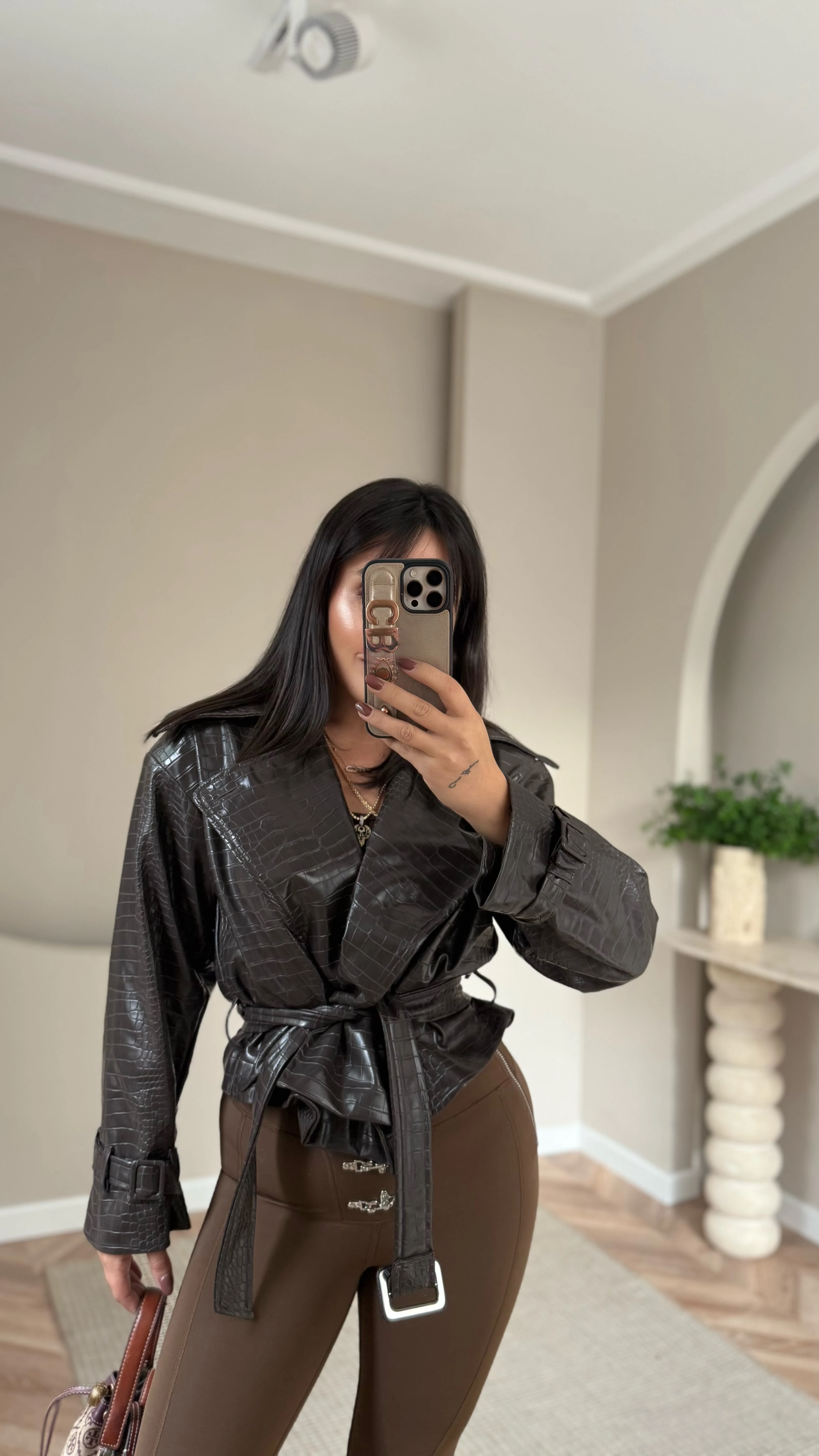 Krokodil Desen Deri Ceket Acı Kahve