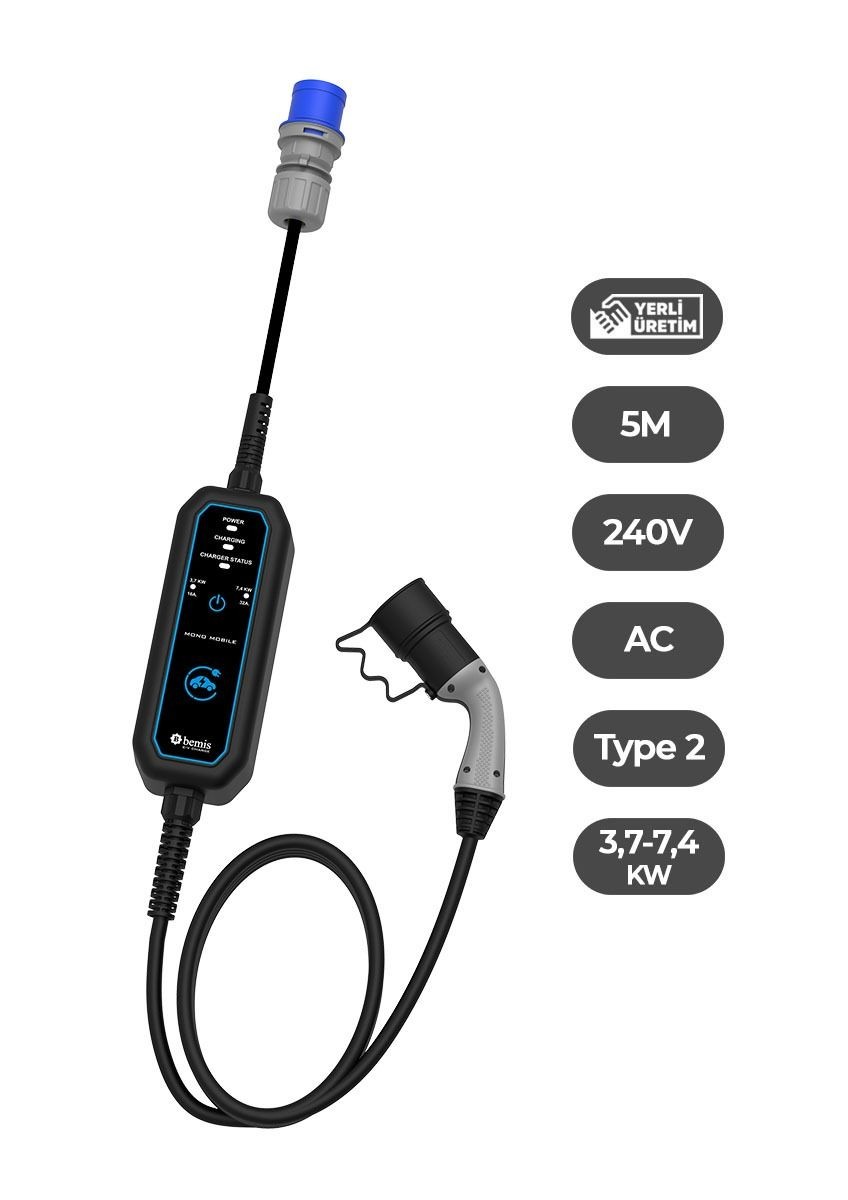 Bemis 3,7 - 7,4 kw Mono Mobil Araç Şarj Aleti 5 Metre BEV-1221-0001