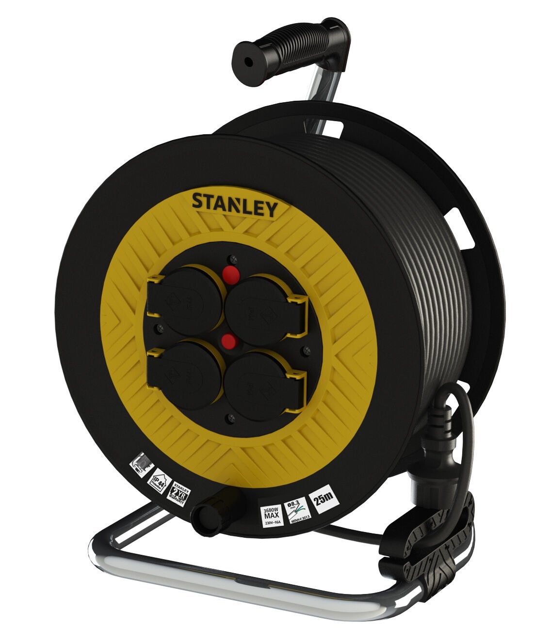 Stanley ST-P Serisi IP44 4 Soketli 25 Metre Makaralı Kablo / 3x1,5mm Siyah