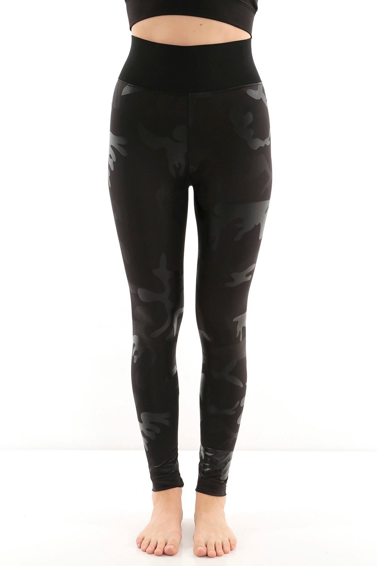 Kadın Siyah Yüksek Bel Korse Kemerli Toparlayıcı Parlak Kamuflaj Tayt