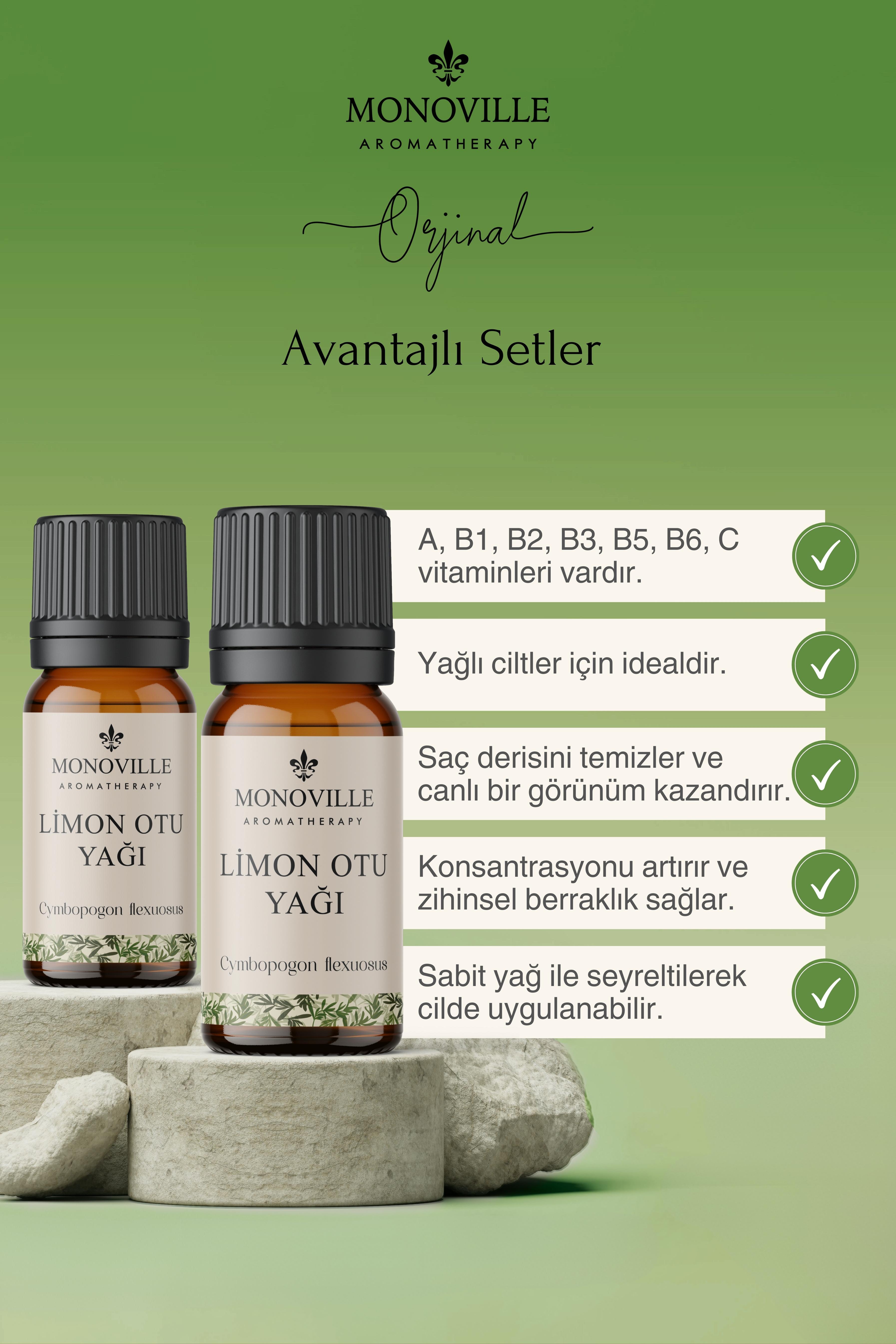 Monoville Limon Otu Uçucu Yağı 2'li Set %100 Saf ve Doğal ( Lemongrass Essential Oil ) 2x10 ml