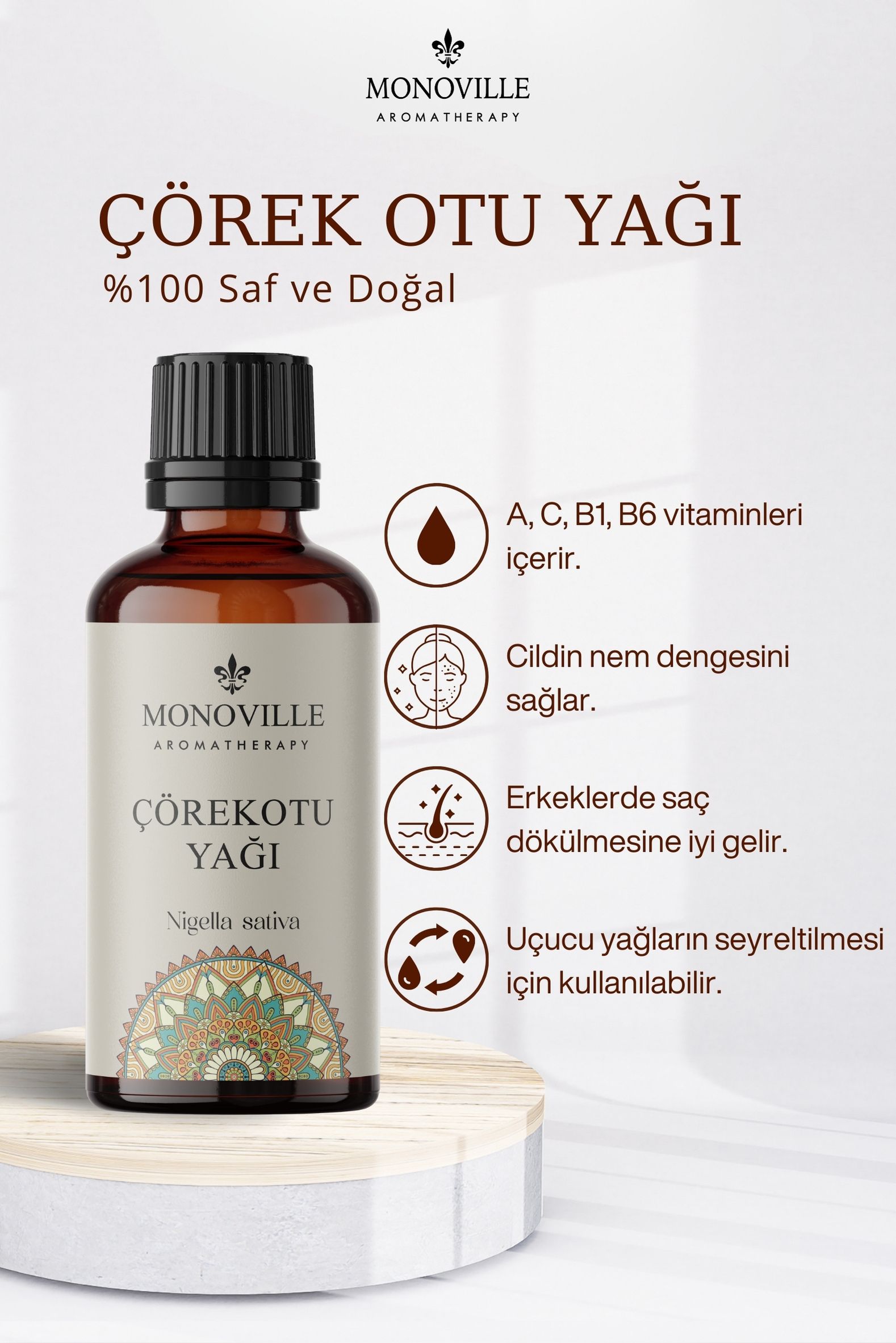 Monoville İncir Yağı 30 ml, Hint Yağı 30 ml, Çörek Otu 30 ml 3'lü Set %100 Saf Ve Doğal 3x30 ml