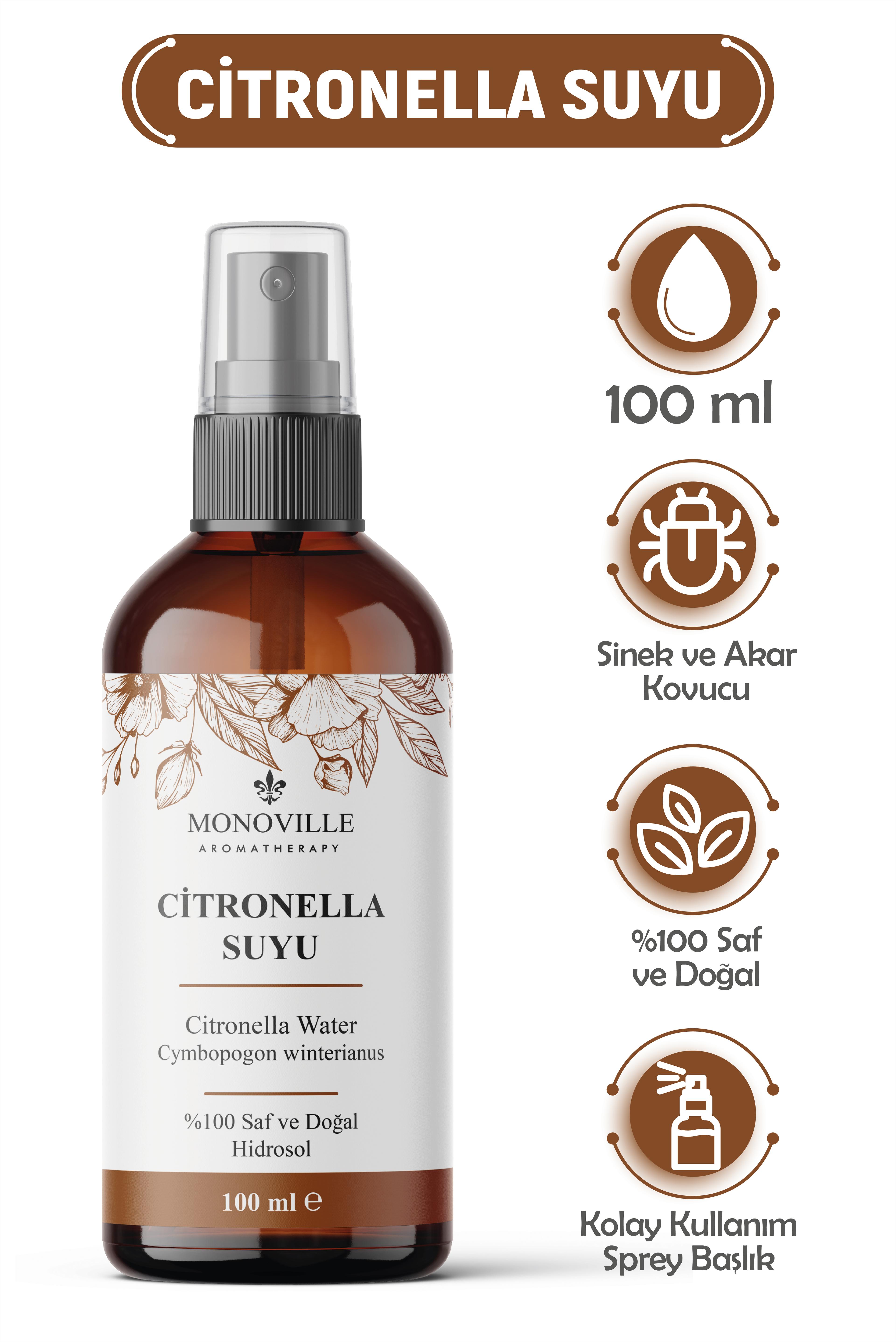 Monoville Citronella Suyu 100 ml Cam Şişe %100 Saf ve Doğal (Citronella Water)