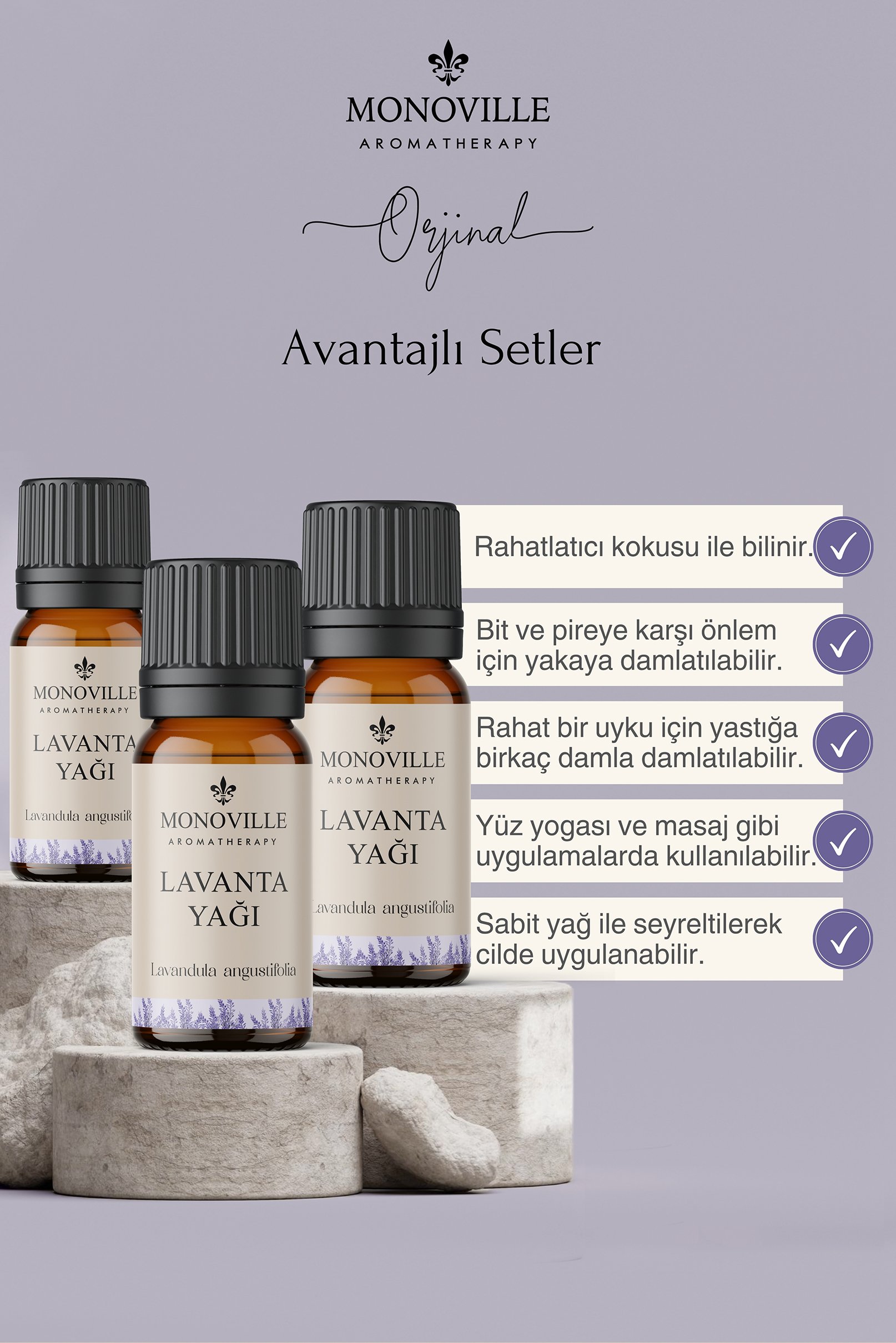 Monoville Tıbbi Lavanta Uçucu Yağı 3'lü Set %100 Saf ve Doğal ( Lavender Essential Oil) 3x10 ml